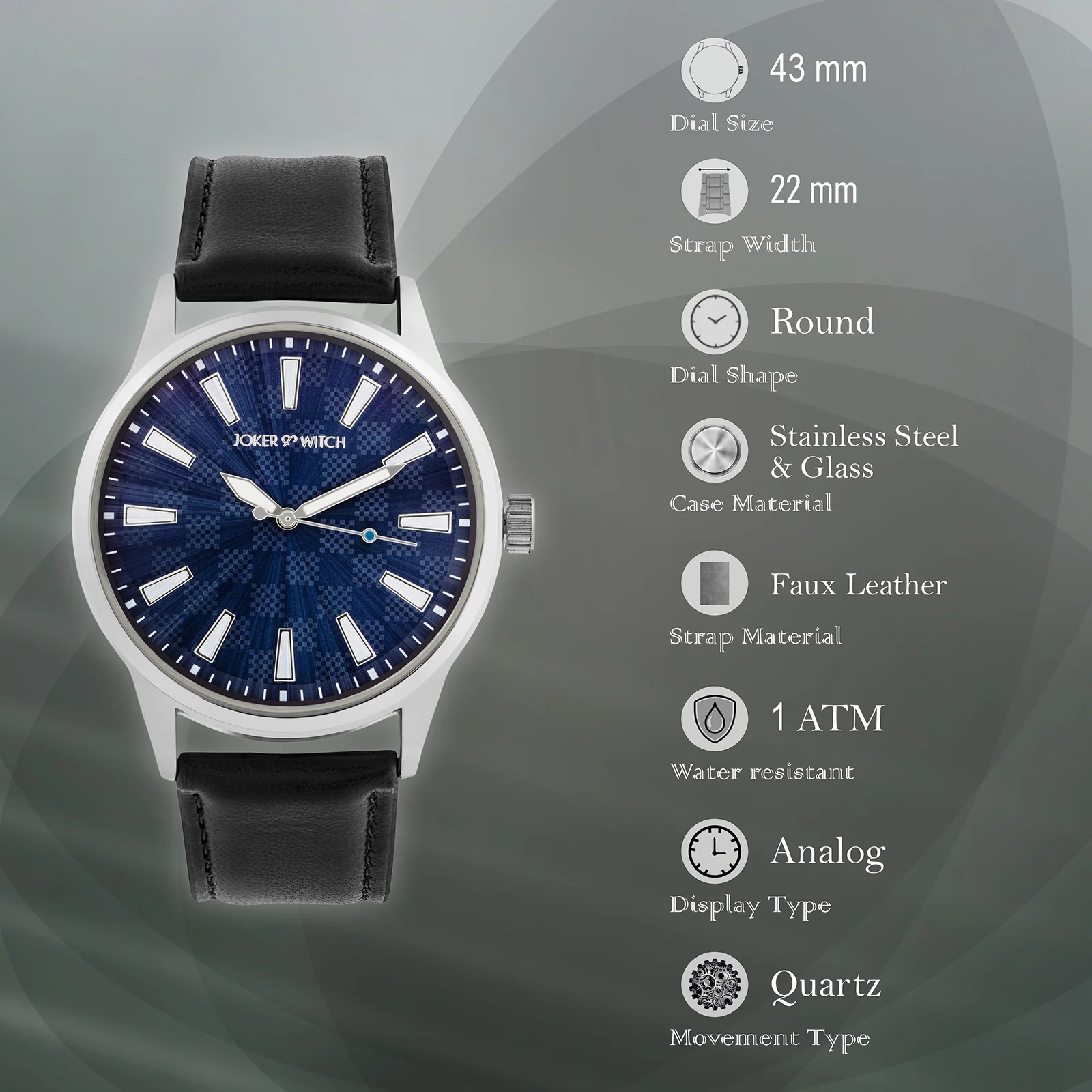 Checkered Blue Large Dial Black PU Strap Men's Watch - Image 7