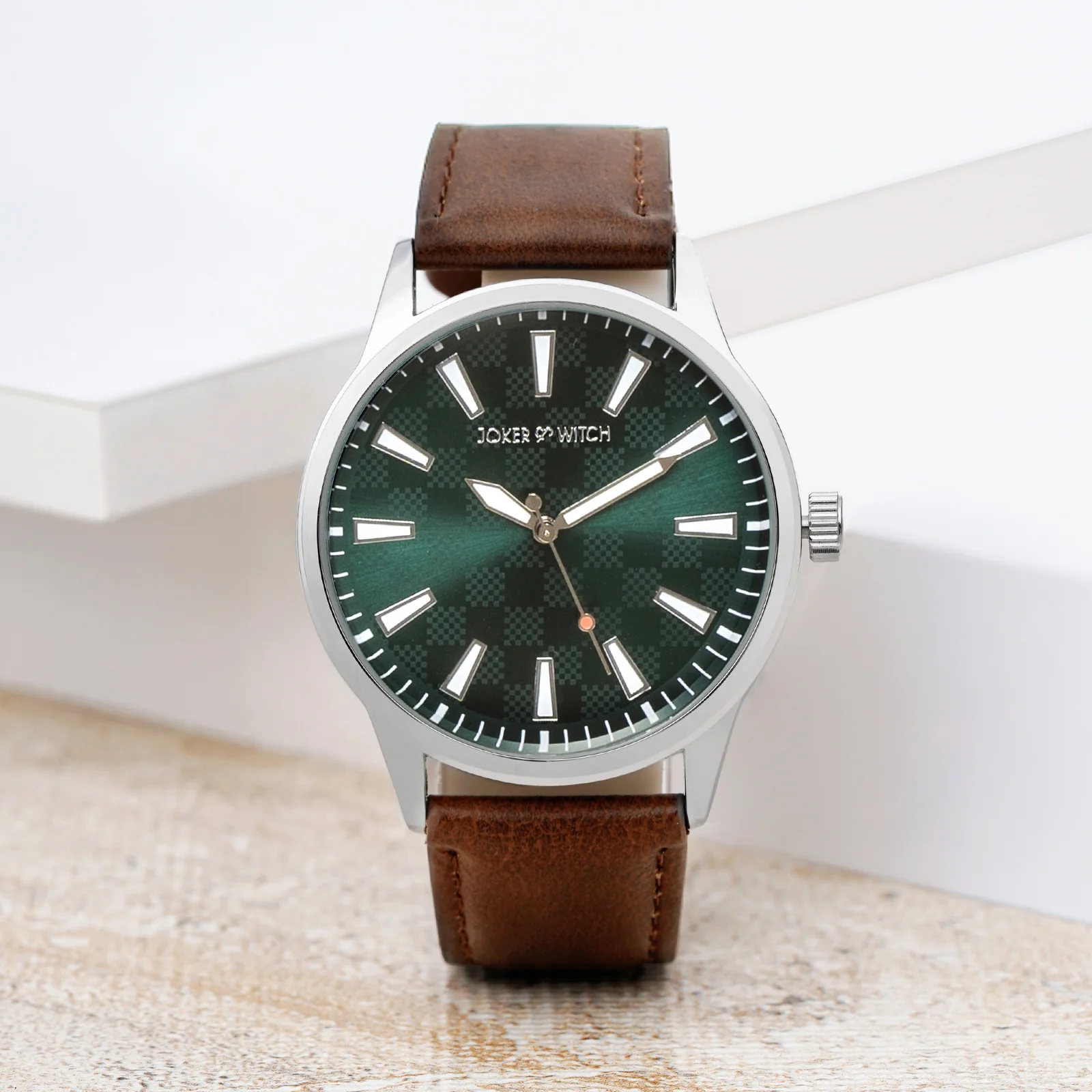 Checkered Green XLarge Dial Brown PU Strap Men's Watch - Image 2
