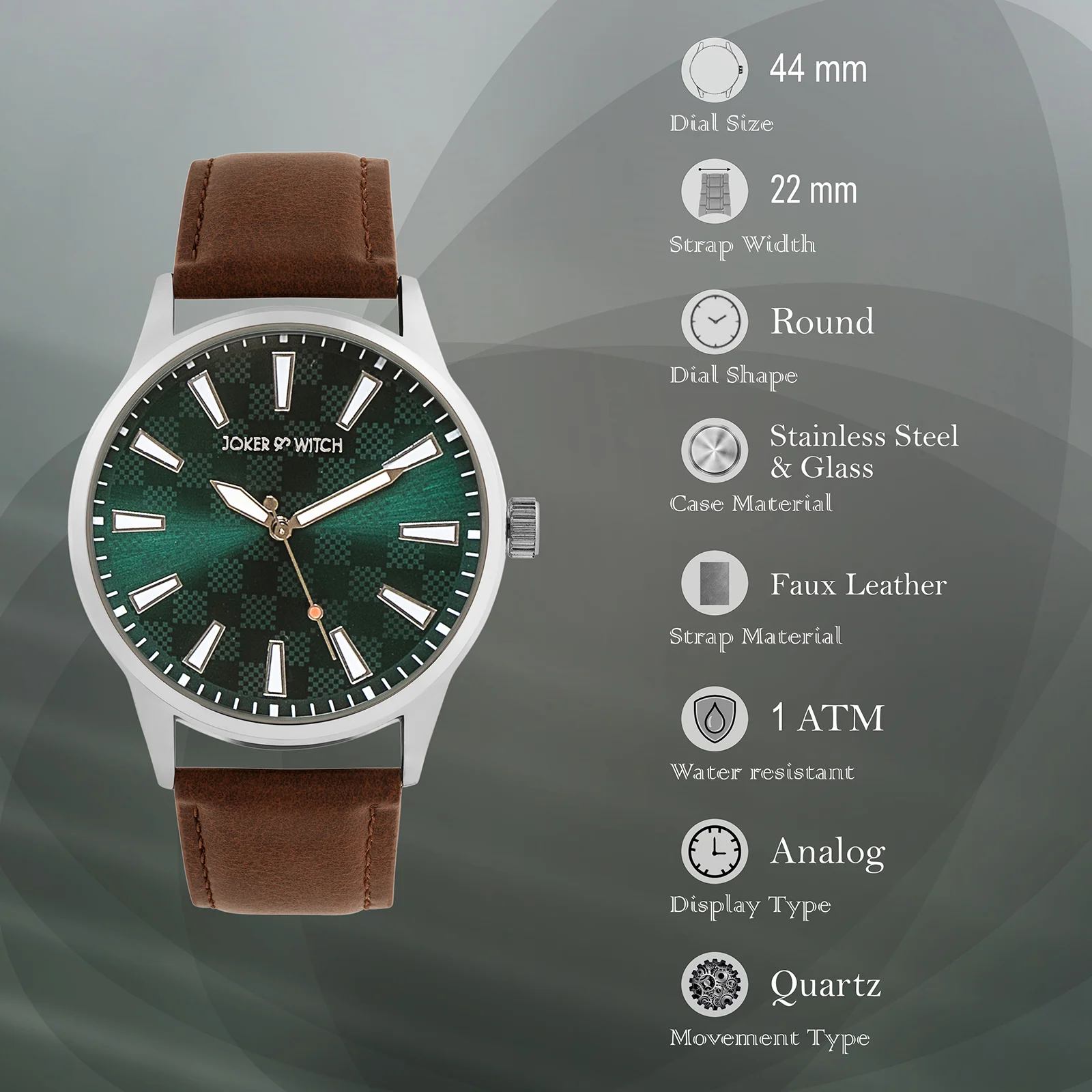 Checkered Green XLarge Dial Brown PU Strap Men's Watch - Image 7