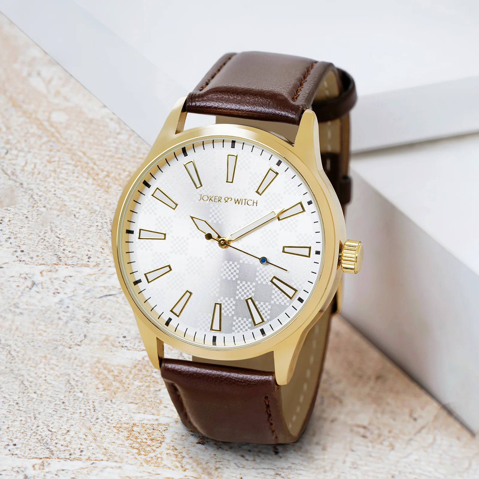 Checkered Silver Large Dial Brown PU Strap Men's Watch - Image 2