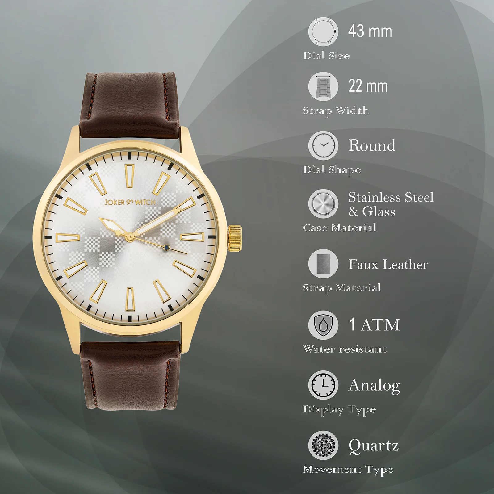 Checkered Silver Large Dial Brown PU Strap Men's Watch - Image 7