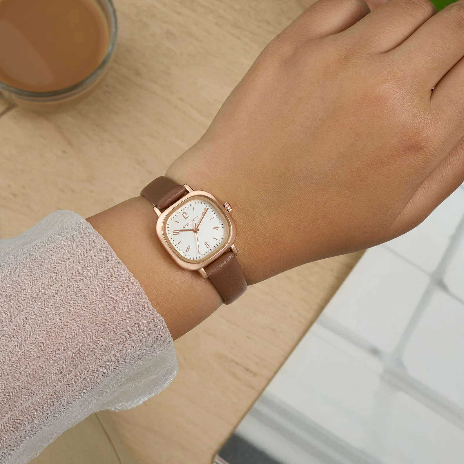 Cinque Cream Mini Square Dial Chocolate PU Strap Women's Watch - Image 2