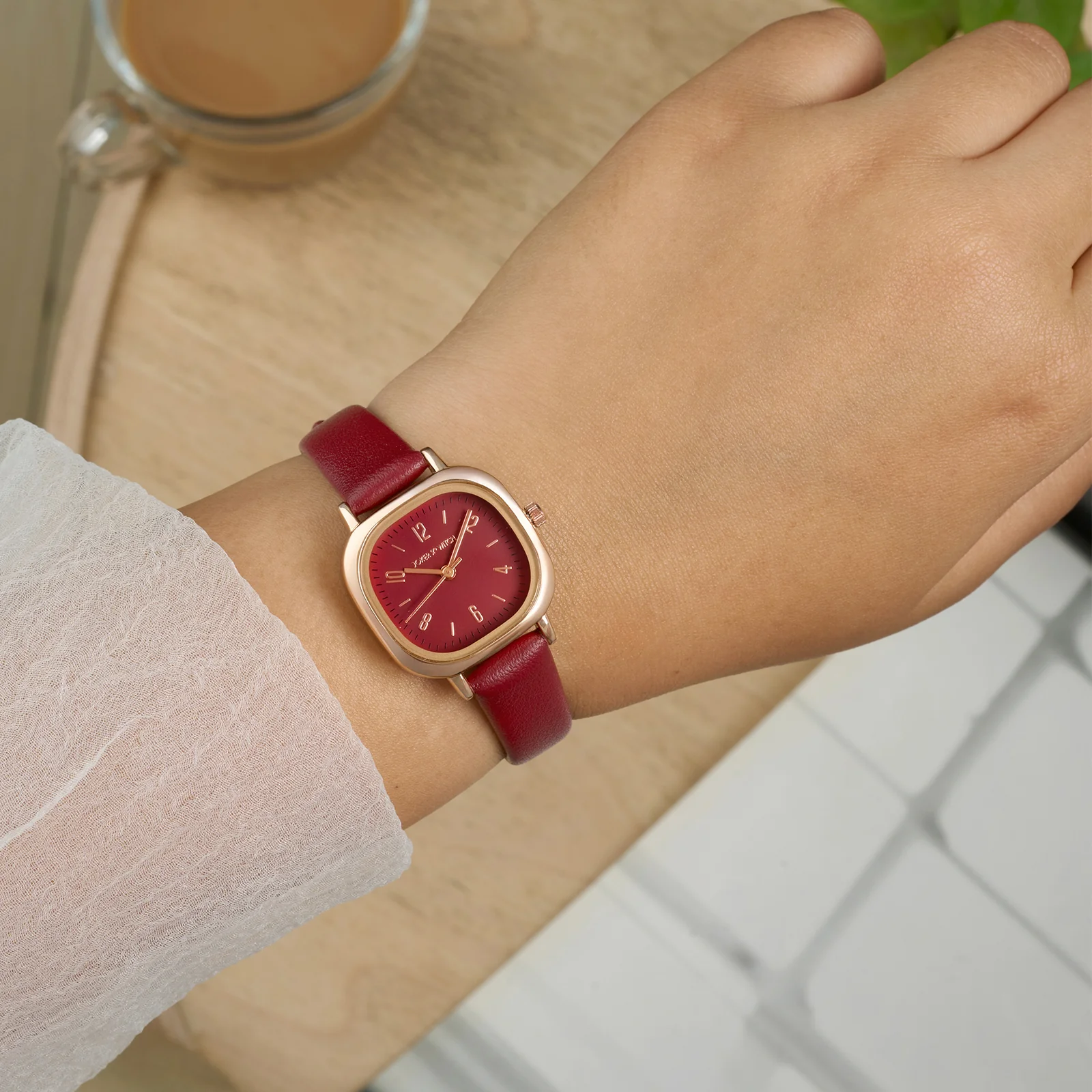 Cinque Maroon Mini Square Dial Maroon PU Strap Women's Watch - Image 2