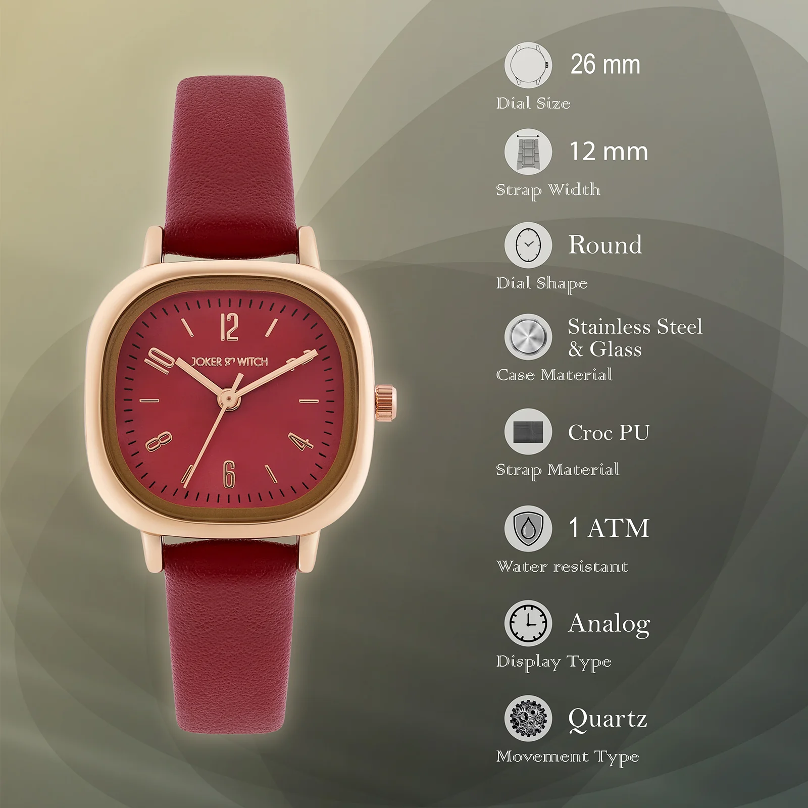 Cinque Maroon Mini Square Dial Maroon PU Strap Women's Watch - Image 8
