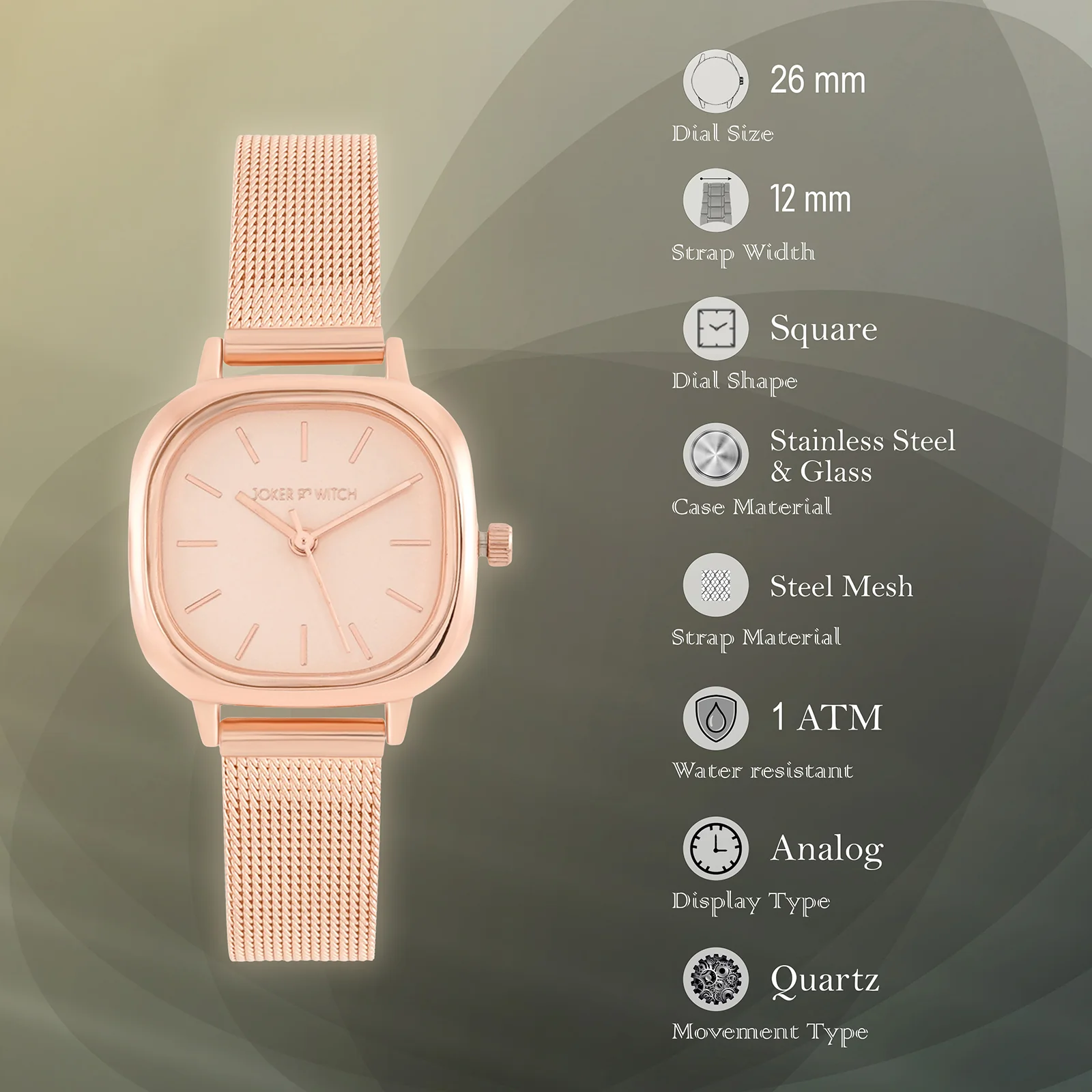 Cinque Beige Mini Square Dial Rose Gold Mesh Strap Women's Watch - Image 7