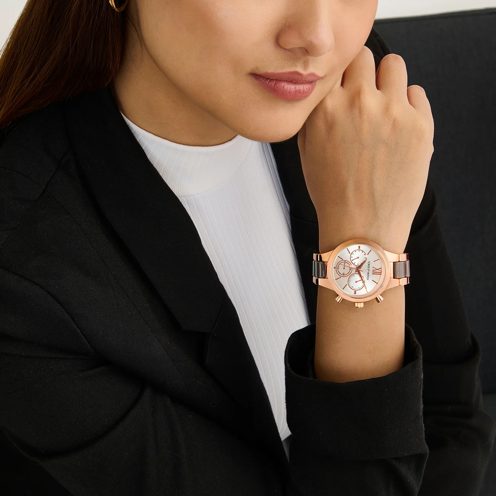 Clara Silver Large Dial Dual Tone Linked Chain Strap Women's Watch - Image 2