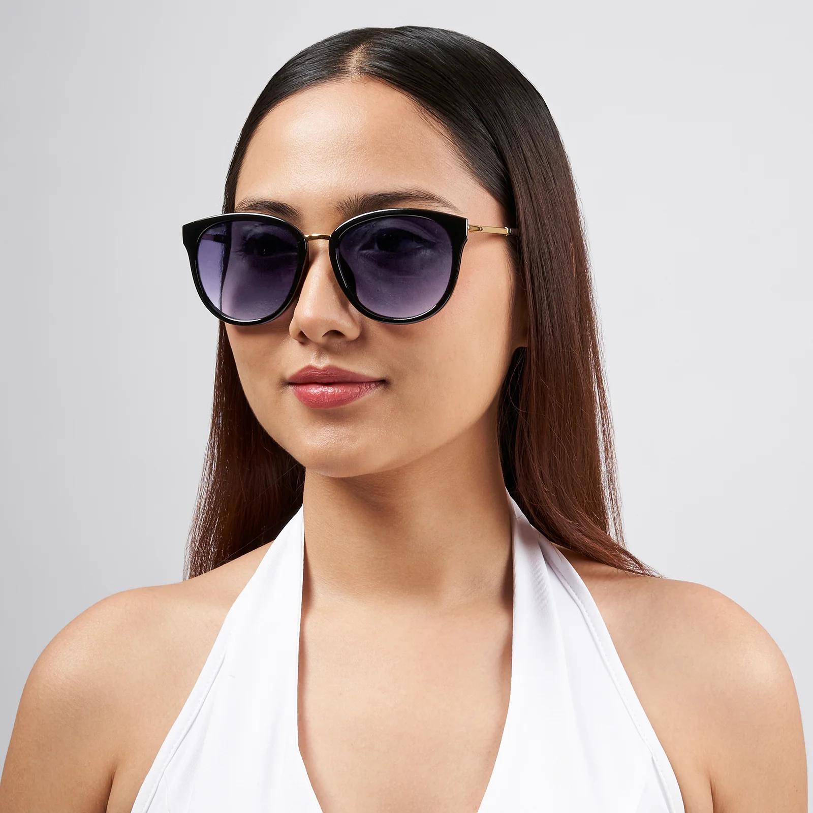 Coastin' Oval Purple Ombre Lens Black Frame Sunglasses with Gold Accents - Image 2