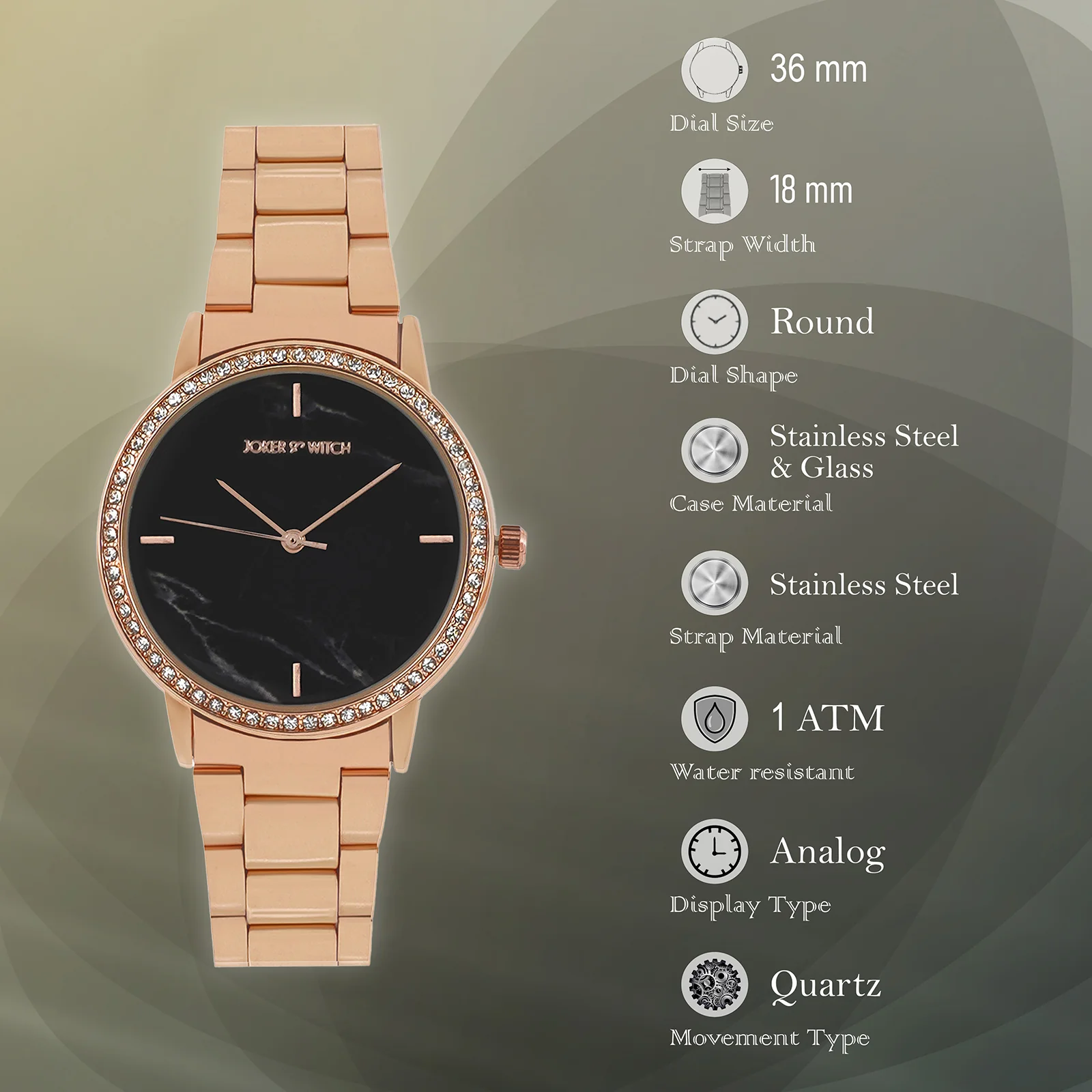 Comet Black Marble Medium Rhinestone Dial Rose Gold Linked Chain Strap Women's Watch - Image 7