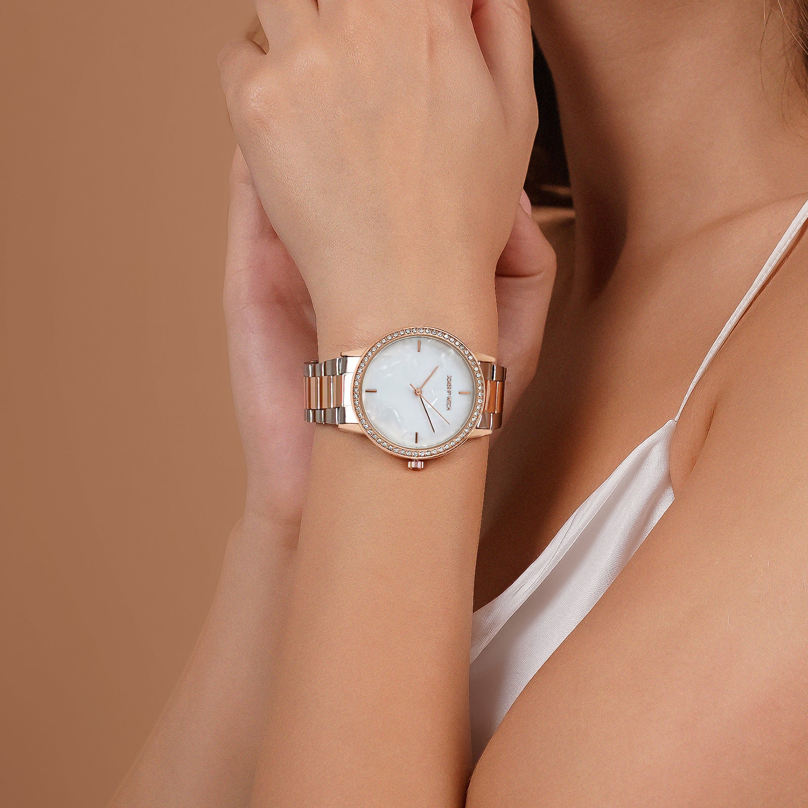 Comet White MOP Medium Rhinestone Dial Dual Tone Linked Chain Strap Women's Watch - Image 3
