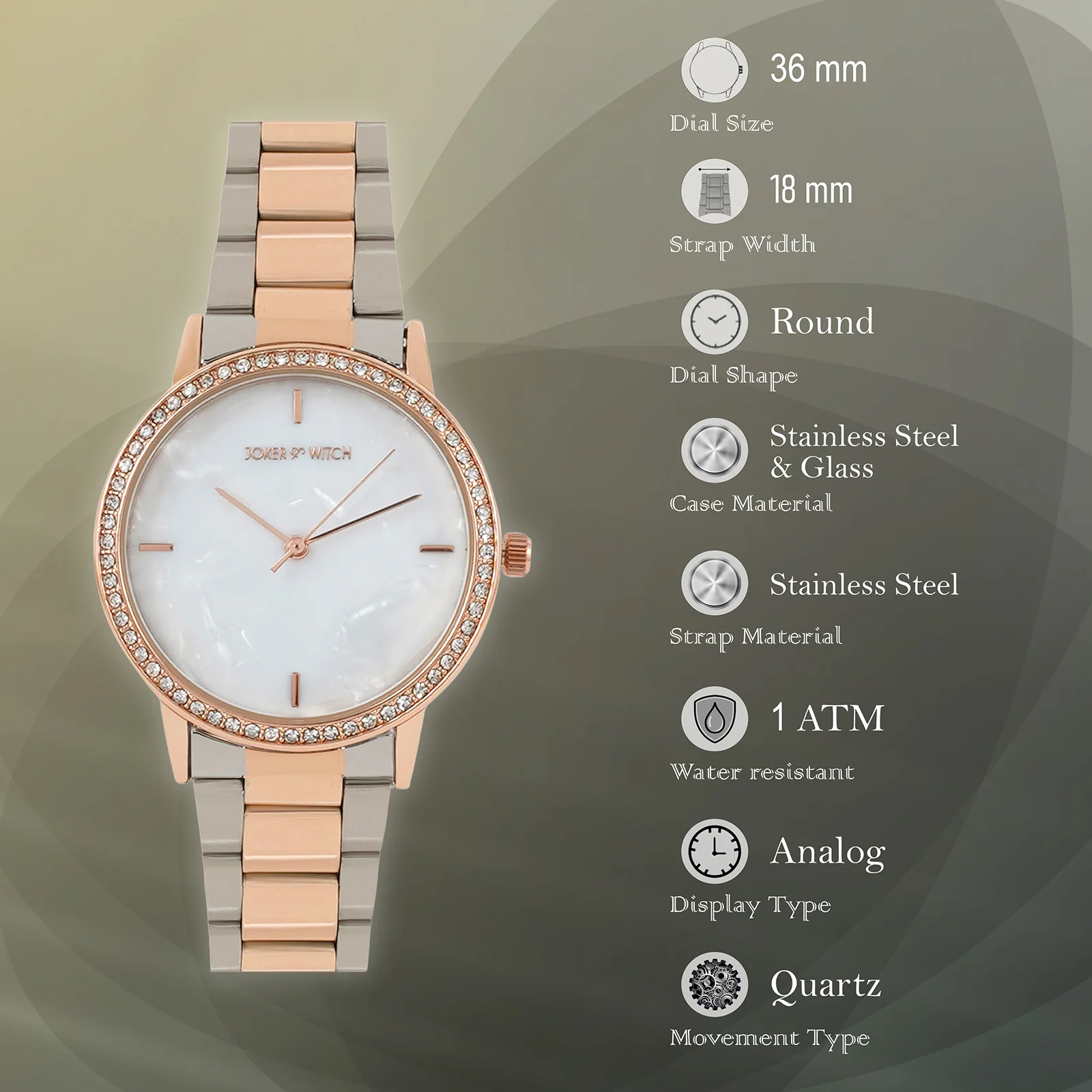 Comet White MOP Medium Rhinestone Dial Dual Tone Linked Chain Strap Women's Watch - Image 7