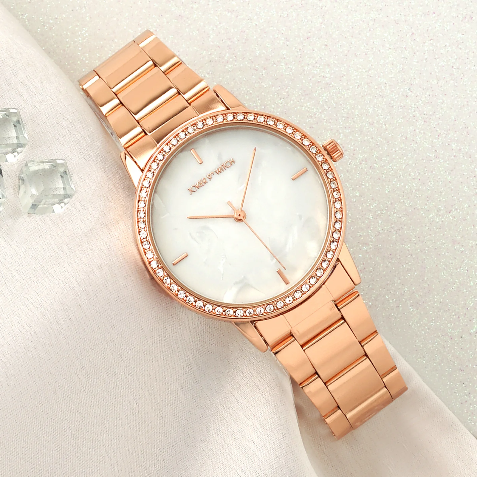 Comet White MOP Medium Rhinestone Dial Rose Gold Linked Chain Strap Women's Watch - Image 2
