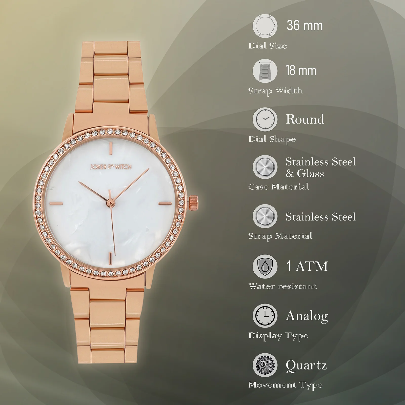 Comet White MOP Medium Rhinestone Dial Rose Gold Linked Chain Strap Women's Watch - Image 7