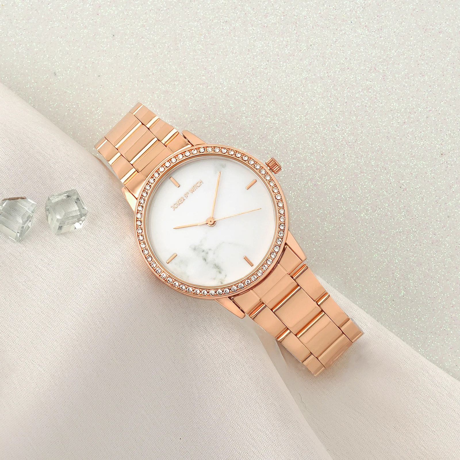 Comet White Marble Medium Rhinestone Dial Rose Gold Linked Chain Strap Women's Watch - Image 2