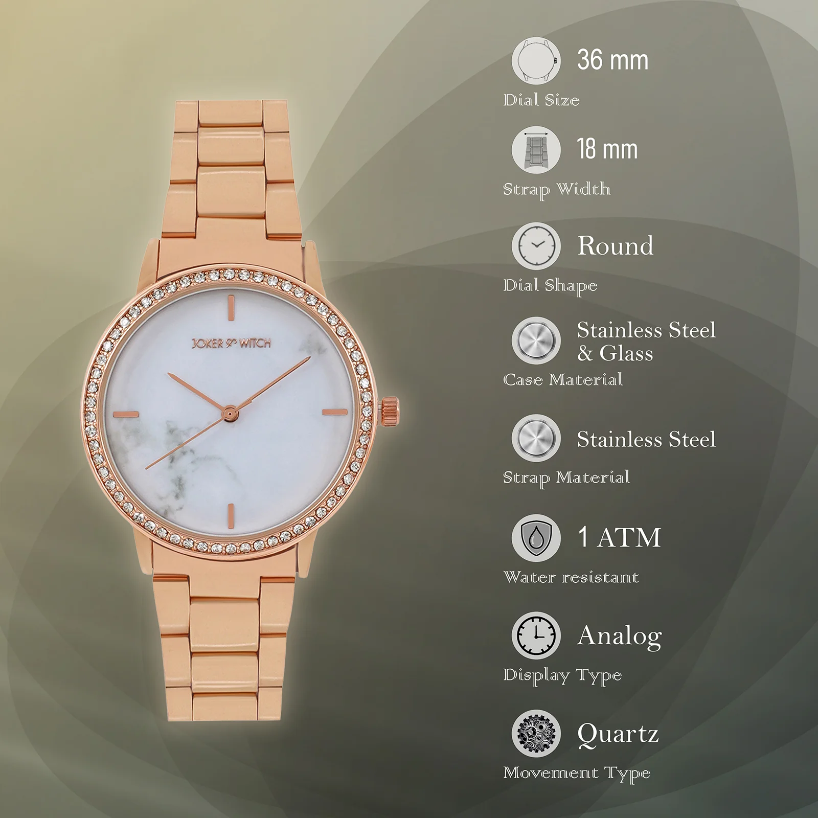 Comet White Marble Medium Rhinestone Dial Rose Gold Linked Chain Strap Women's Watch - Image 7