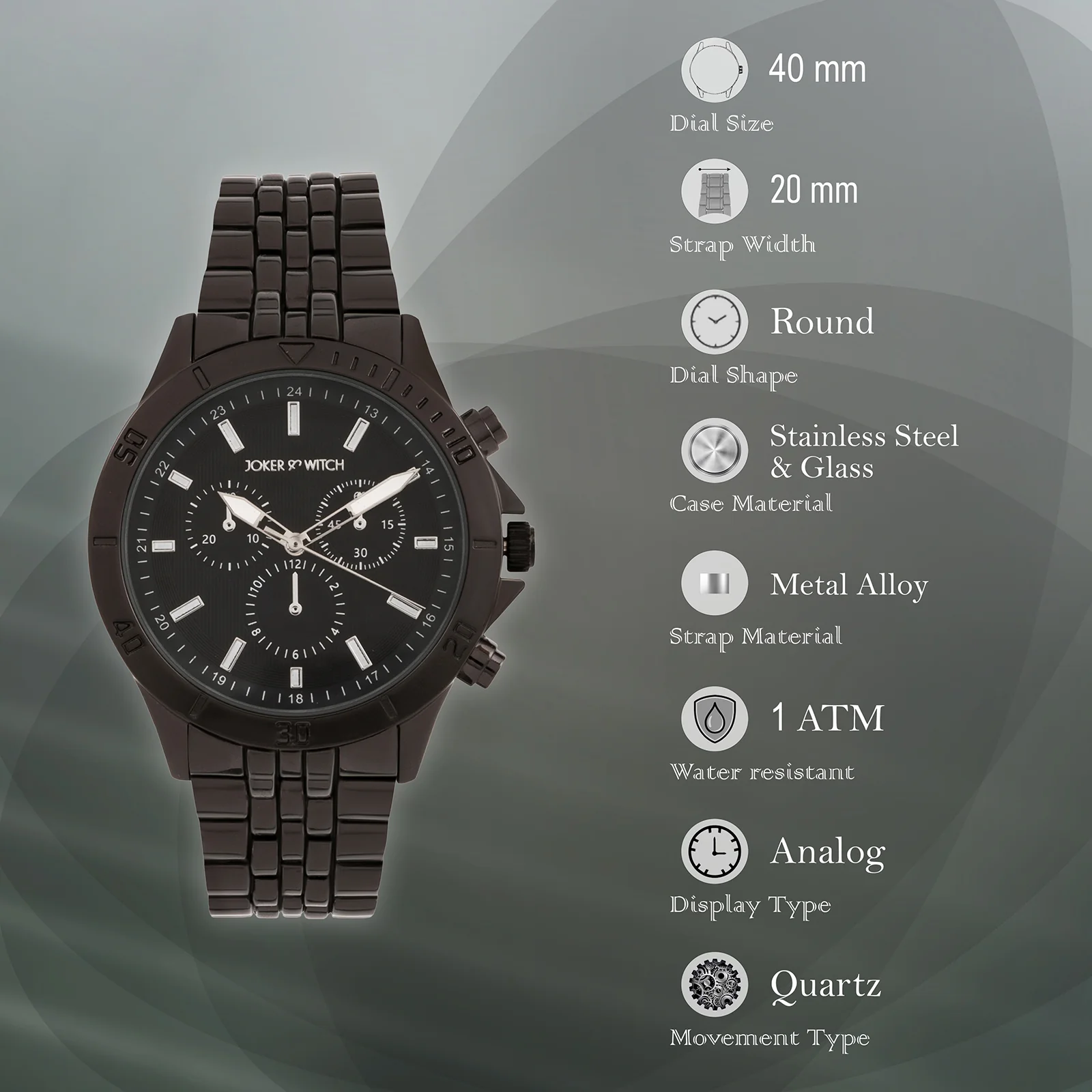 Connery Black Large Dial Linked Chain Strap Men's Watch - Image 7