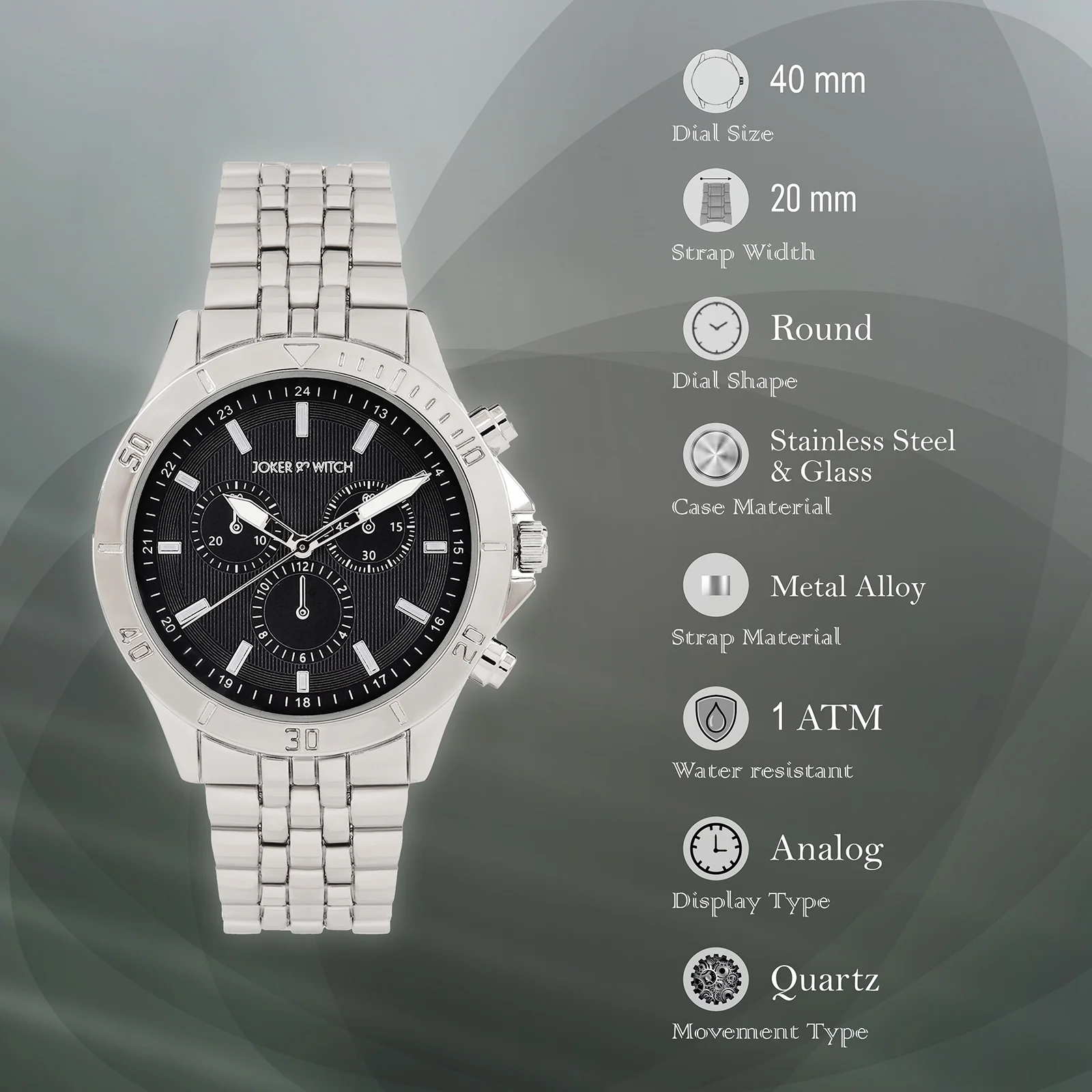 Connery Black Large Dial Silver Linked Chain Strap Men's Watch - Image 7