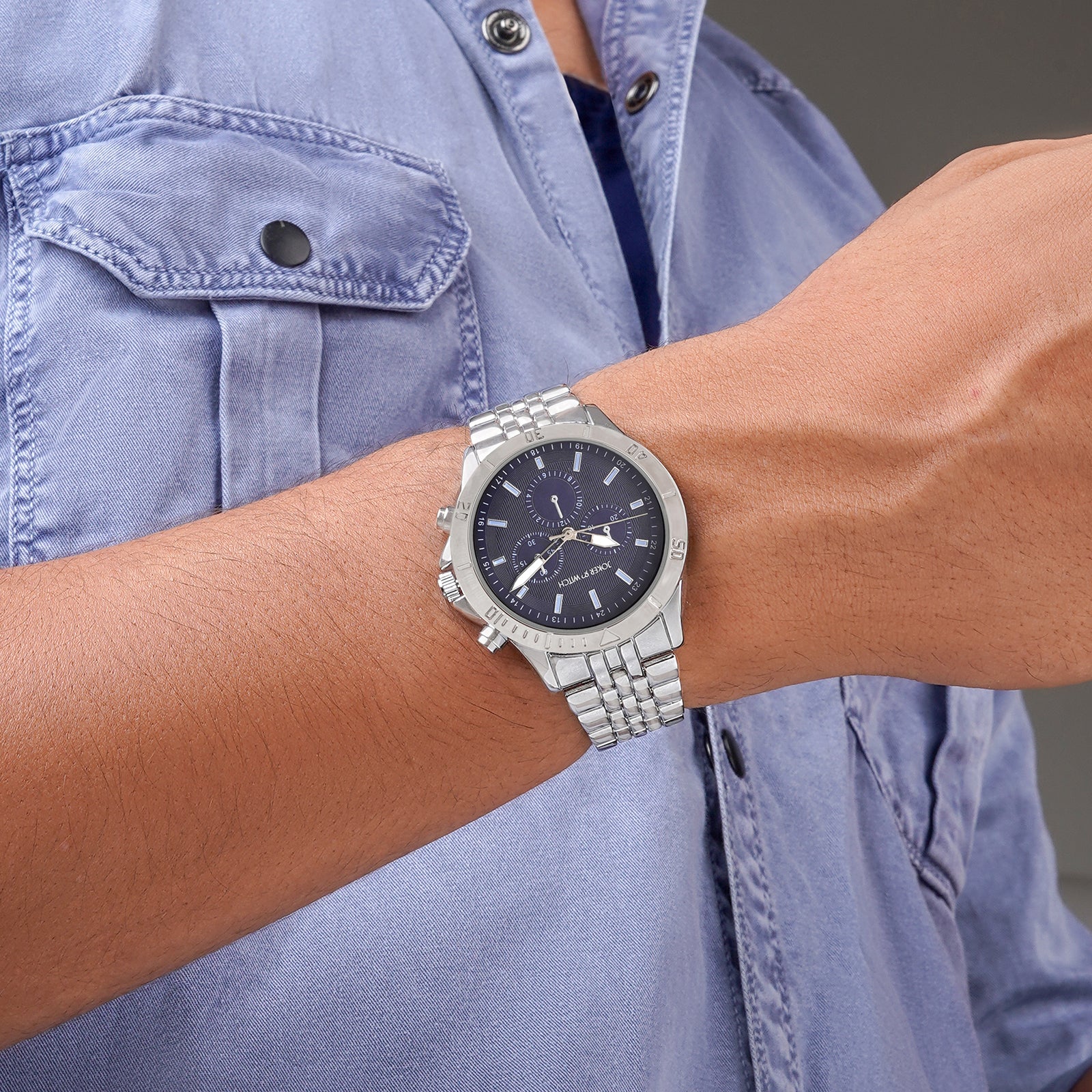 Connery Blue Large Dial Silver Linked Chain Strap Men's Watch - Image 6