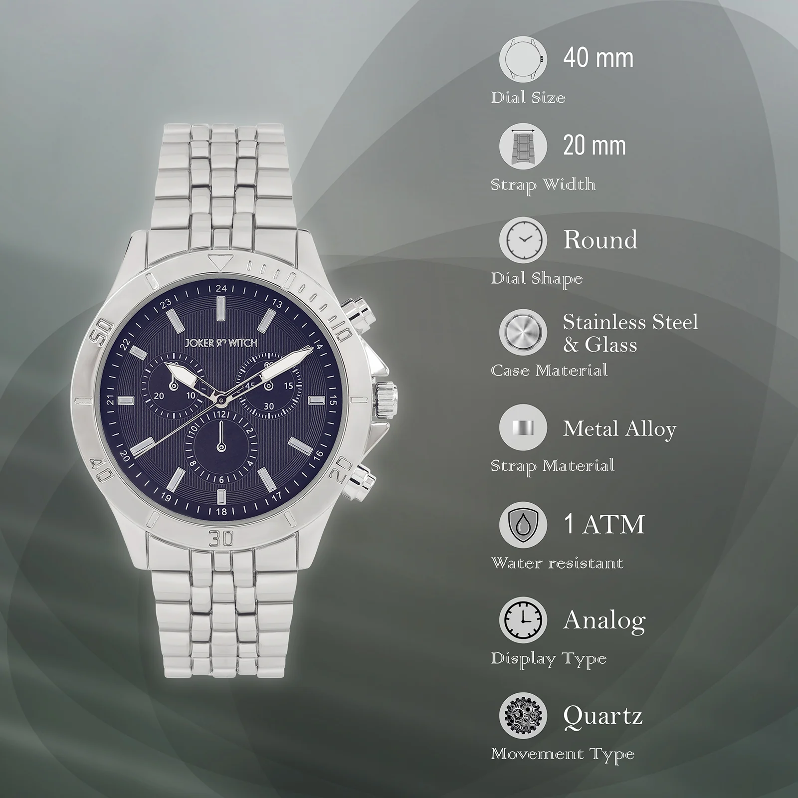 Connery Blue Large Dial Silver Linked Chain Strap Men's Watch - Image 7