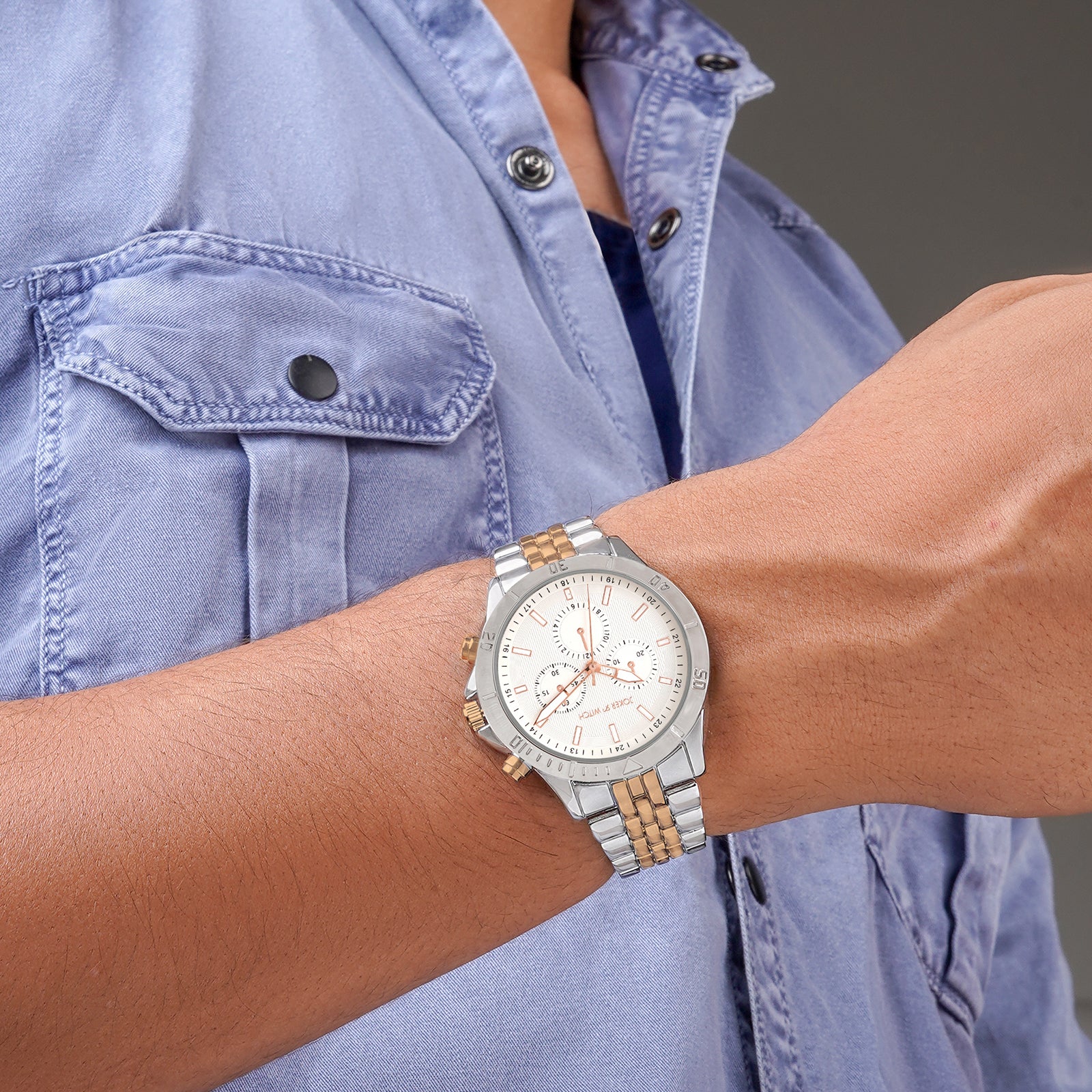 Connery White Large Dial Dual Tone Linked Chain Strap Men's Watch - Image 2