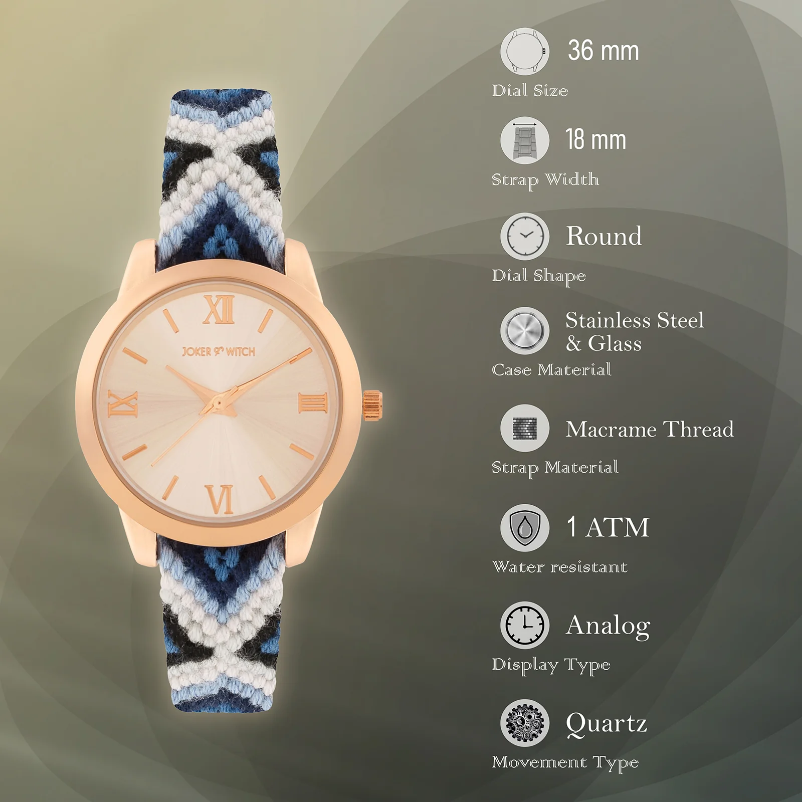Cora Loop Rose Gold Medium Dial Blue Macrame Strap Women's Watch - Image 7