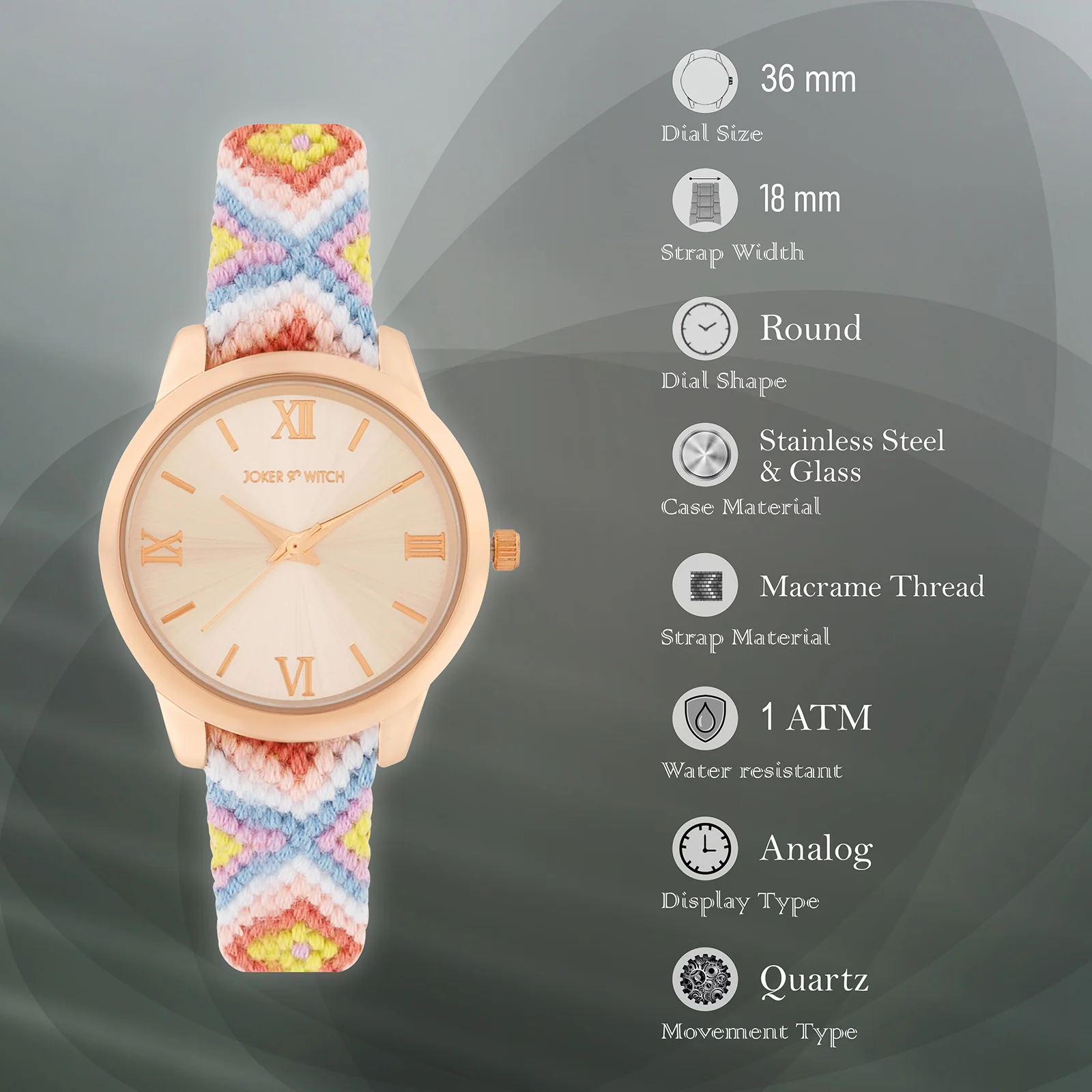 Cora Loop Rose Gold Medium Dial Multicolor Macrame Strap Women's Watch - Image 7