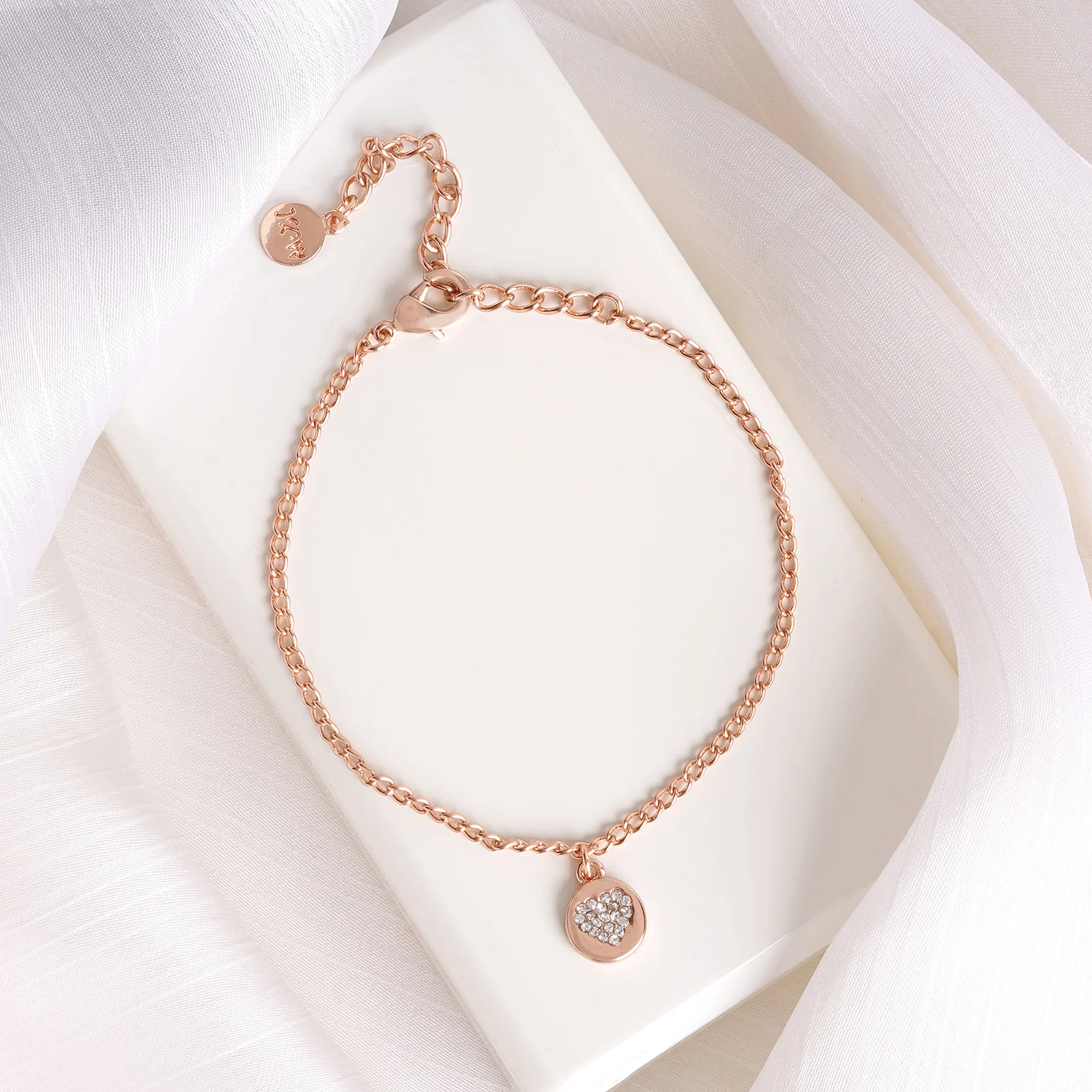 Dainty Heart Rhinestone Rose Gold Bracelet Charm - Image 2