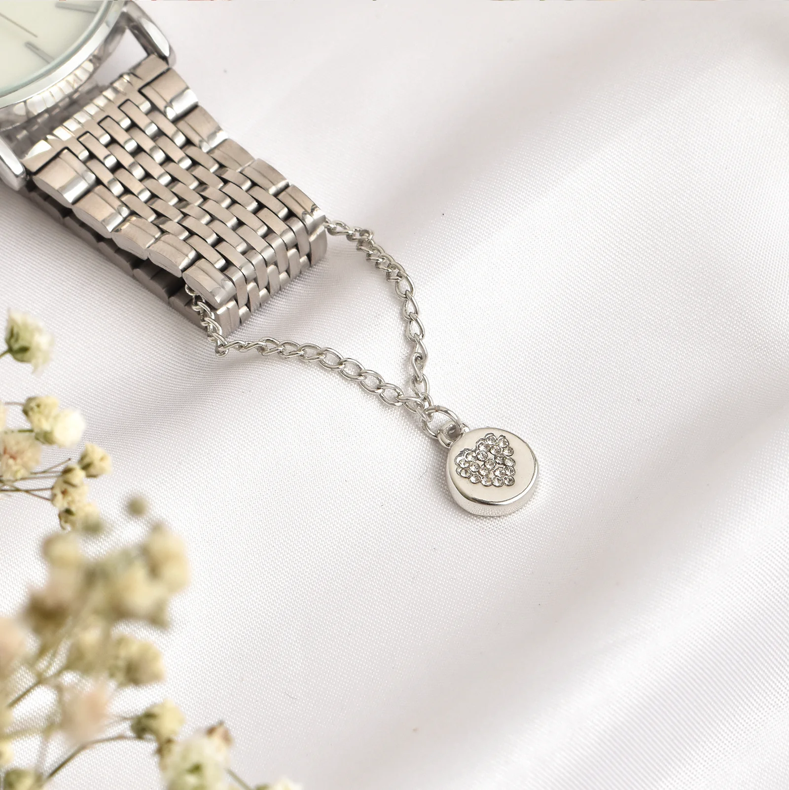 Dainty Heart Rhinestone Silver Watch Charm - Image 2