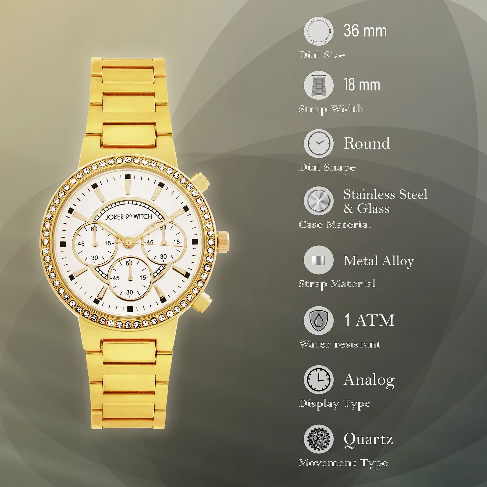 Darleen White Medium Rhinestone Dial Gold Linked Chain Strap Women's Watch - Image 7