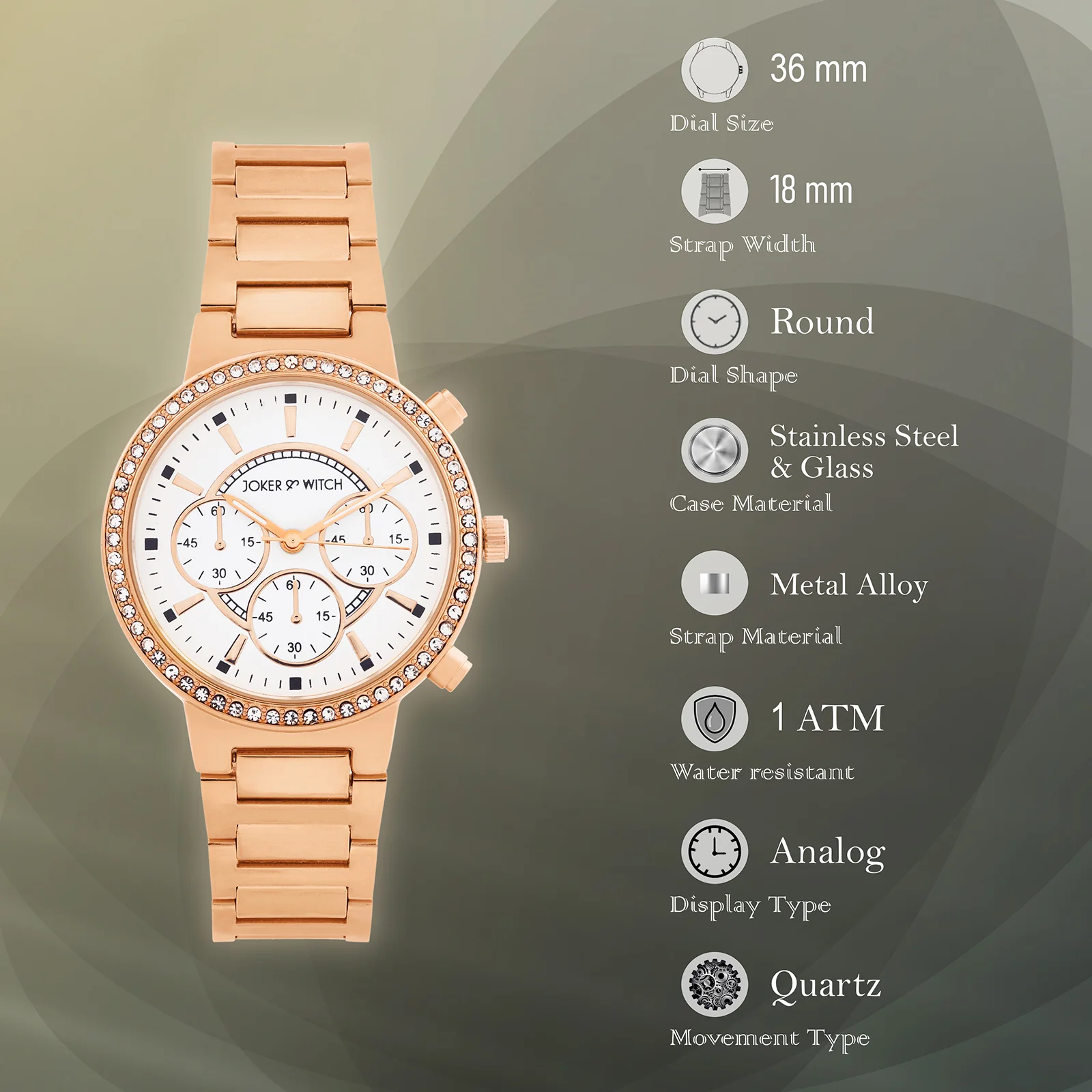 Darleen White Medium Rhinestone Dial Rose Gold Linked Chain Strap Women's Watch - Image 7