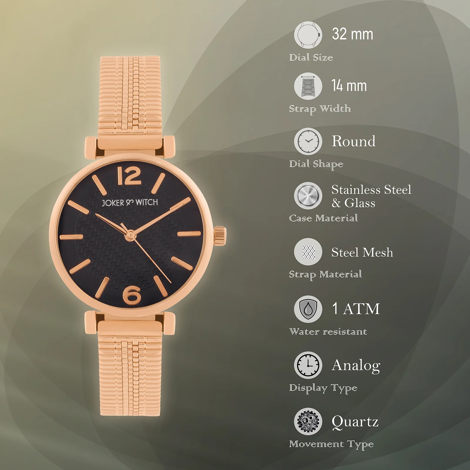 Demi Black Medium Dial Rose Gold Mesh Strap Women's Watch - Image 7