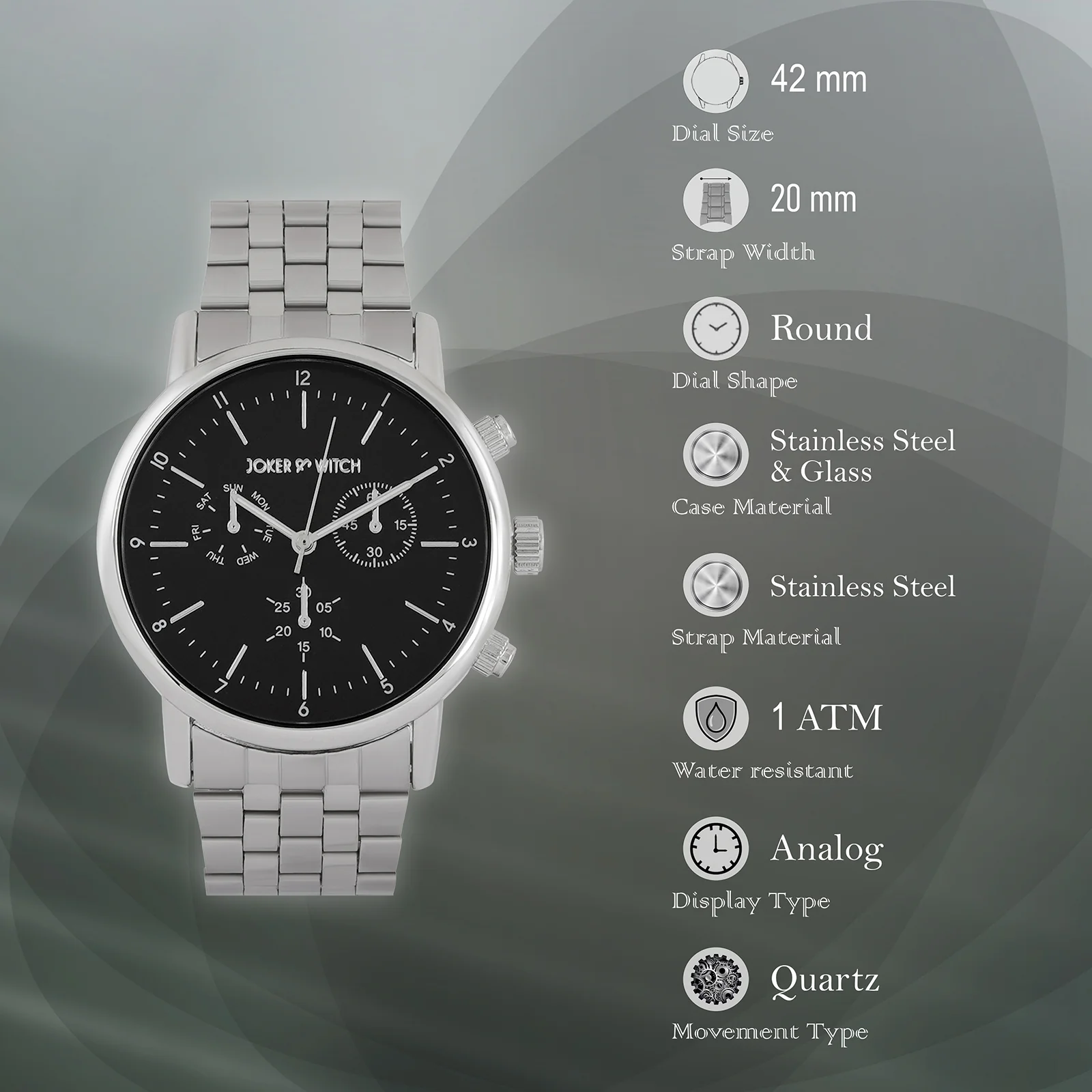 Dracary Black Large Dial Silver Linked Chain Strap Men's Watch - Image 7