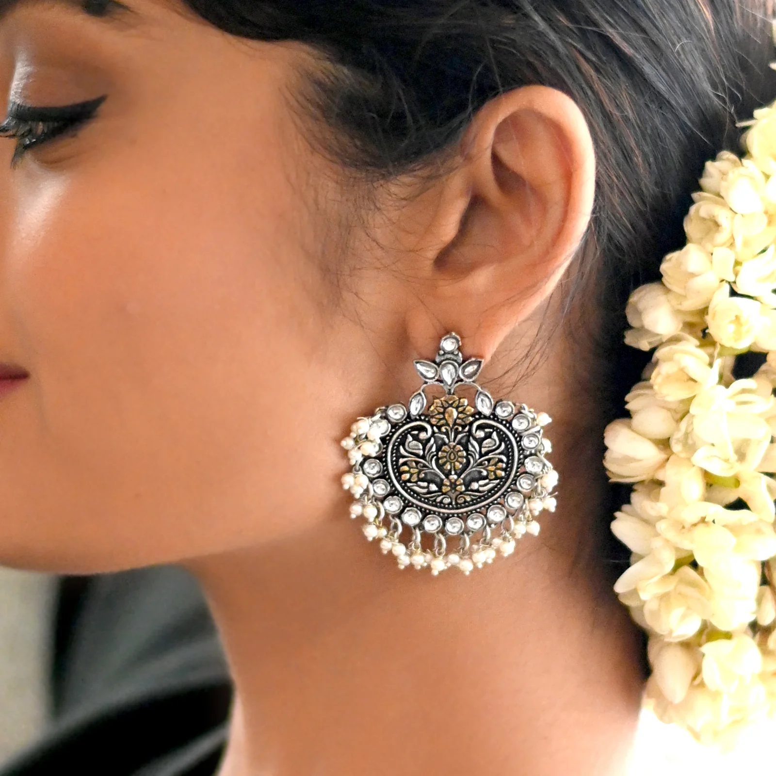 Dual tone Pearl Chandbali Earrings - Image 2