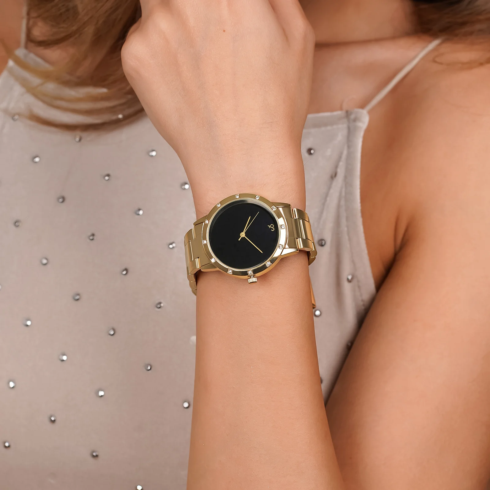 Dusk Black Large Rhinestone Dial Gold Linked Chain Strap Women's Watch - Image 2