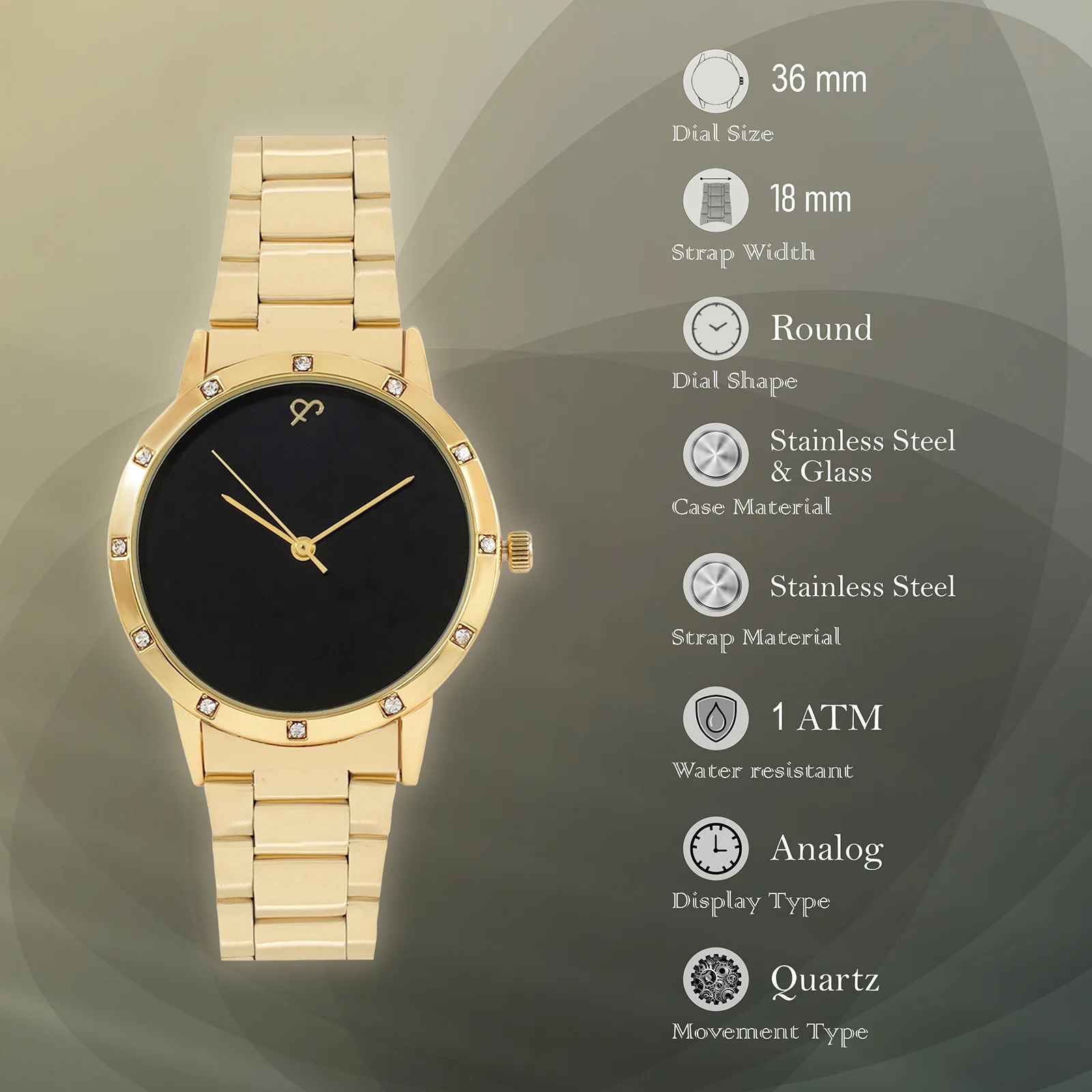 Dusk Black Large Rhinestone Dial Gold Linked Chain Strap Women's Watch - Image 7