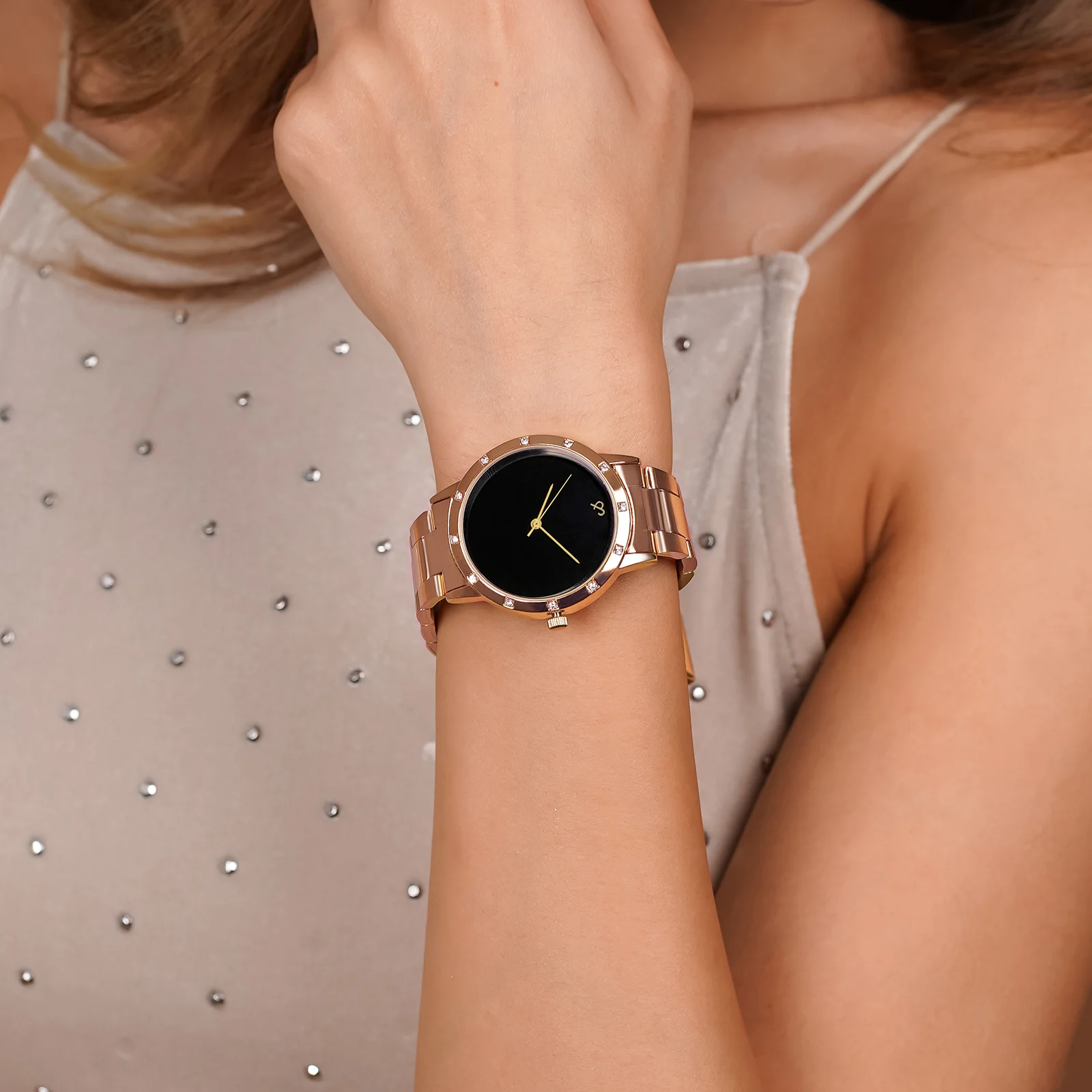 Dusk Black Large Rhinestone Dial Rose Gold Linked Chain Strap Women's Watch - Image 2