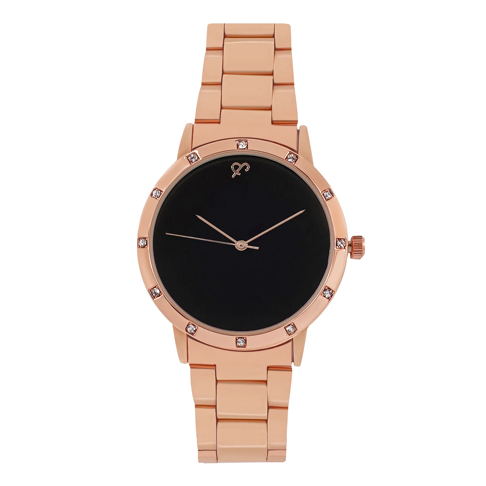 Dusk Black Large Rhinestone Dial Rose Gold Linked Chain Strap Women's Watch - Image 3
