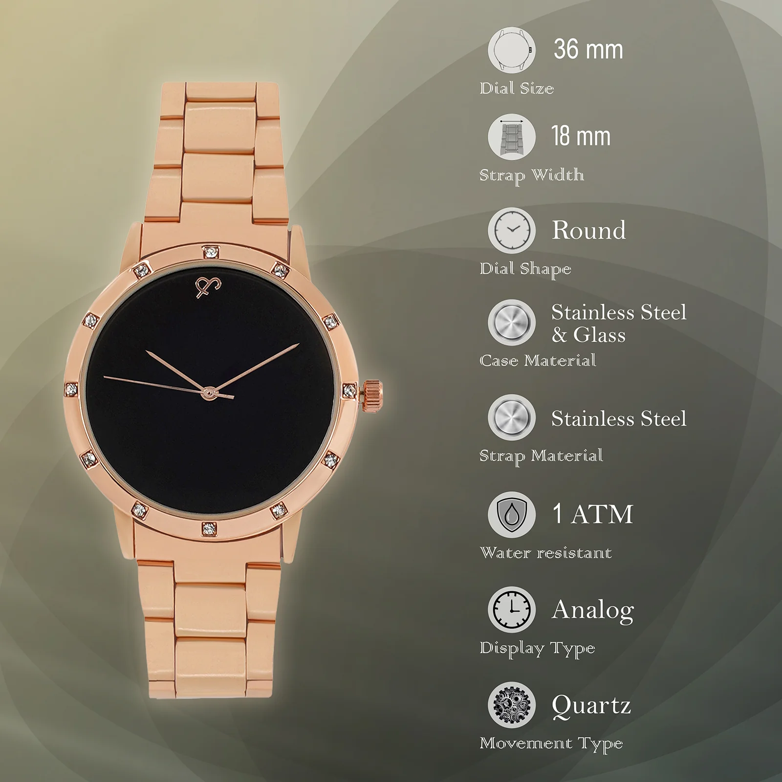 Dusk Black Large Rhinestone Dial Rose Gold Linked Chain Strap Women's Watch - Image 7