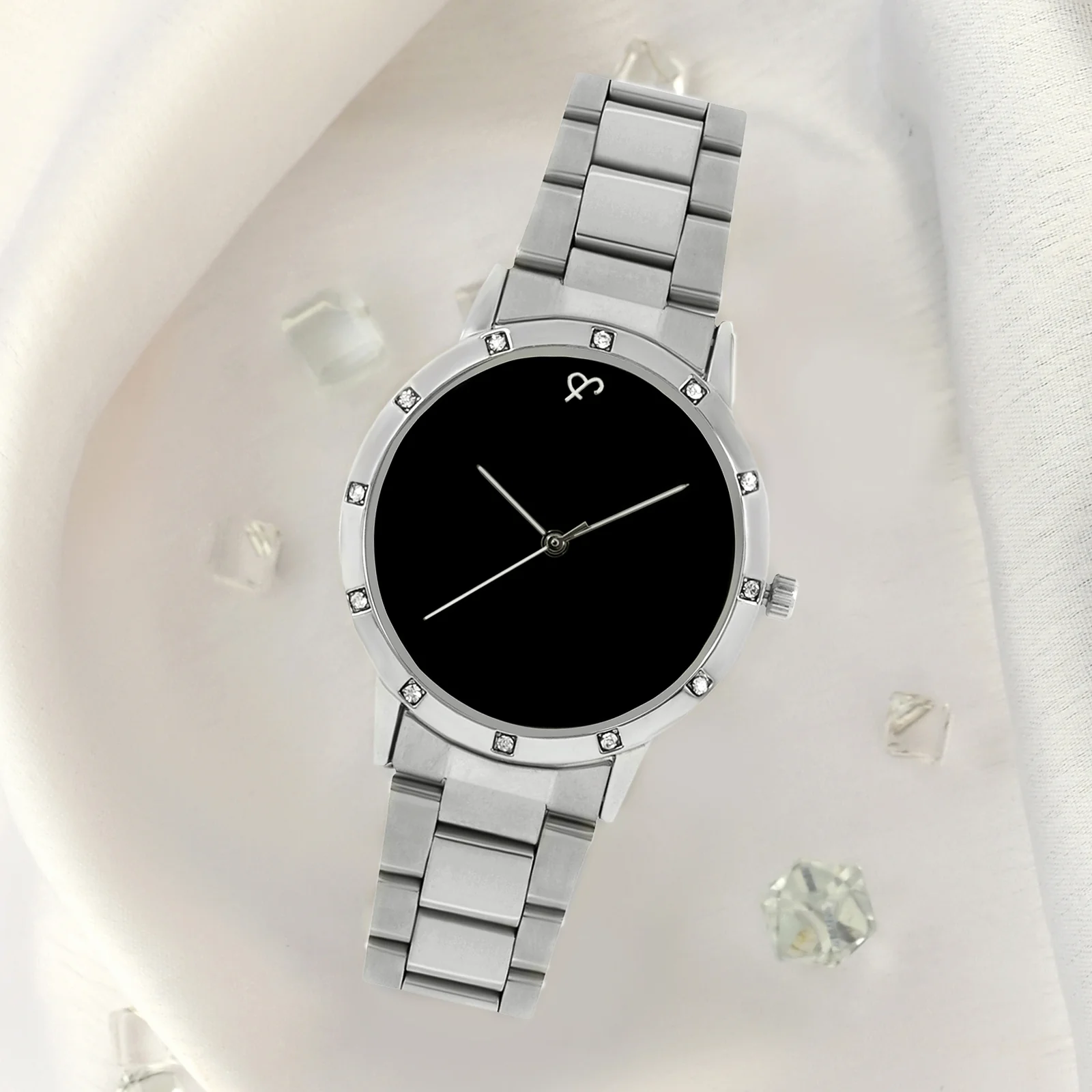 Dusk Black Large Rhinestone Dial Silver Linked Chain Strap Women's Watch - Image 3