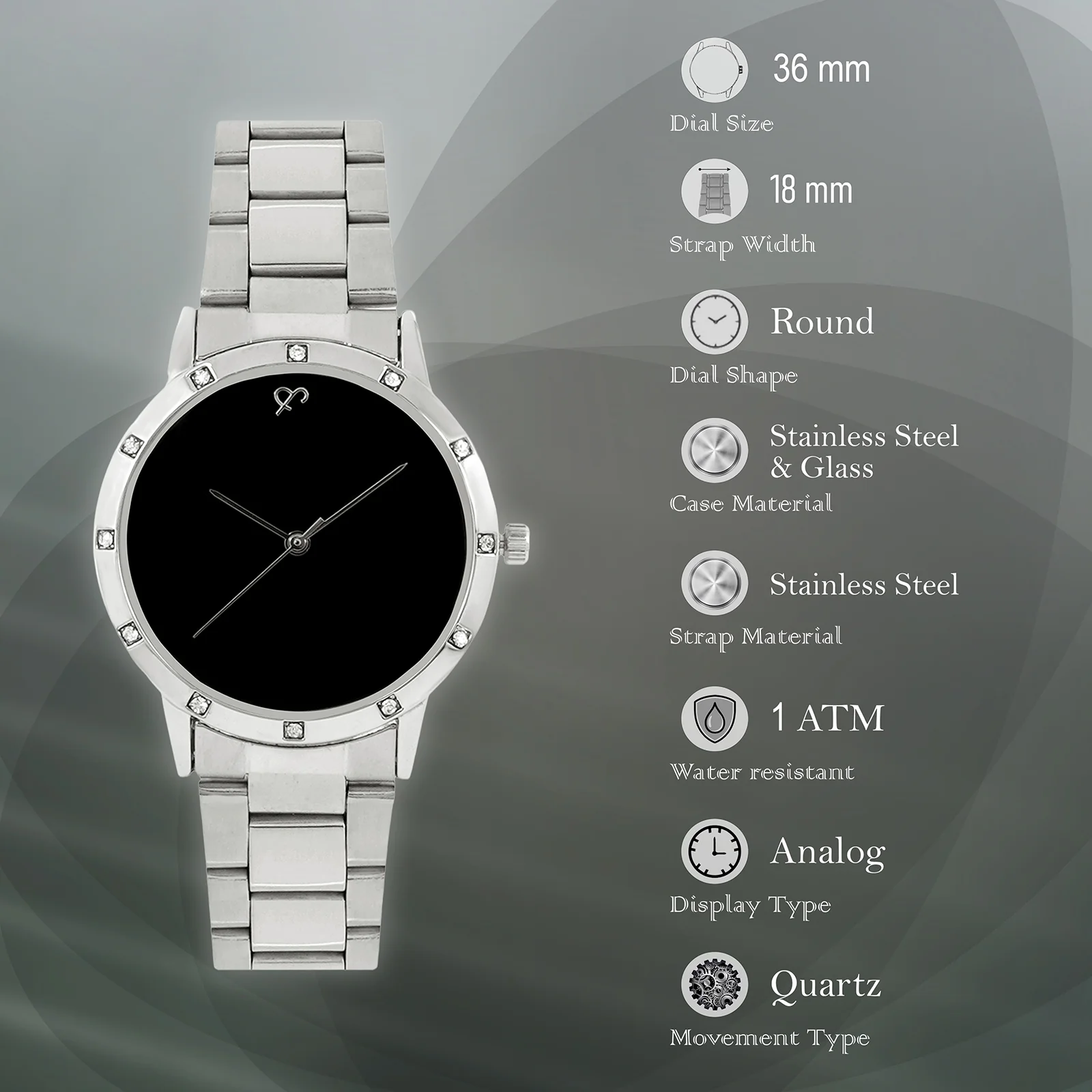 Dusk Black Large Rhinestone Dial Silver Linked Chain Strap Women's Watch - Image 7