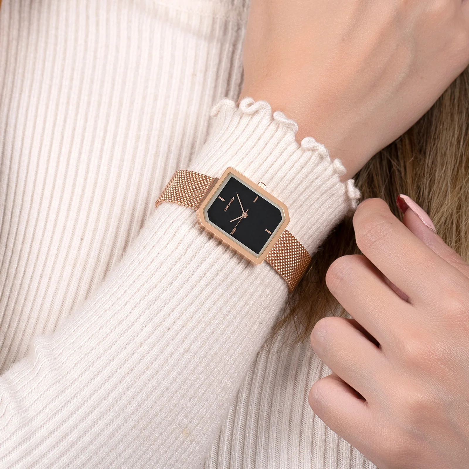 Edge Black Small Hexagon Dial Rose Gold Mesh Strap Women's Watch - Image 2