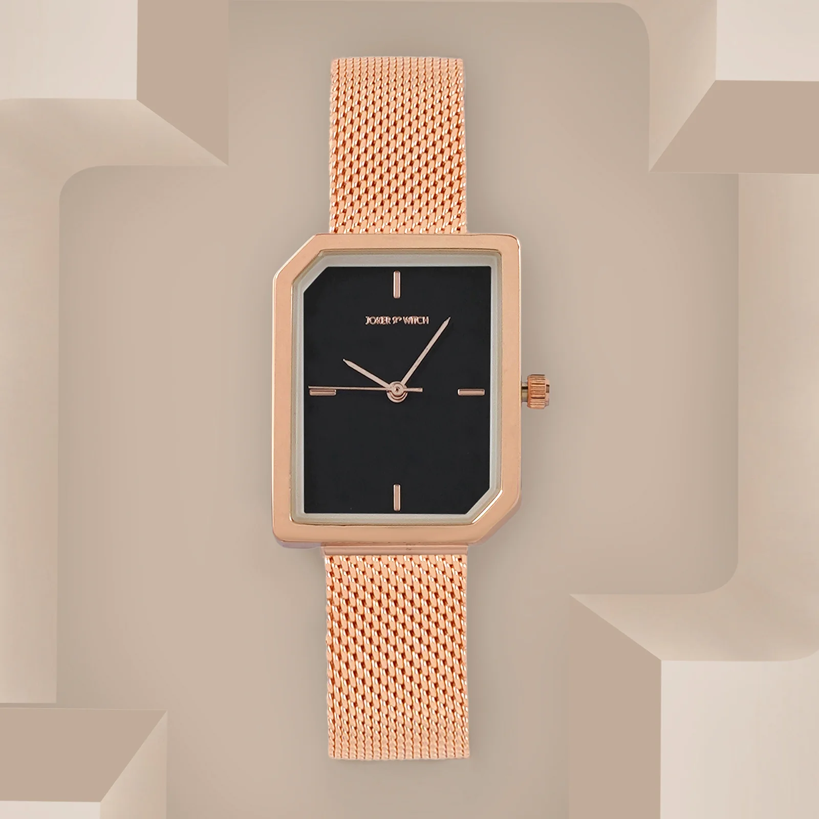 Edge Black Small Hexagon Dial Rose Gold Mesh Strap Women's Watch - Image 3