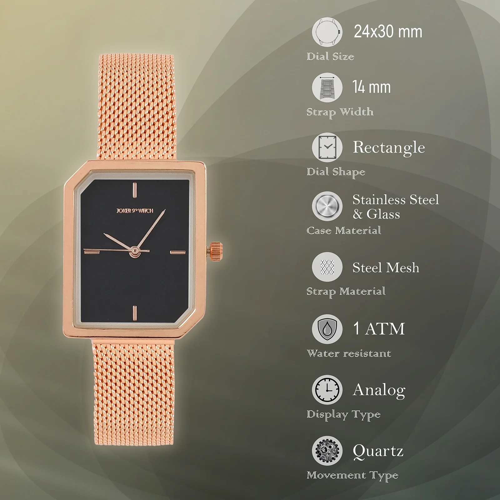 Edge Black Small Hexagon Dial Rose Gold Mesh Strap Women's Watch - Image 7
