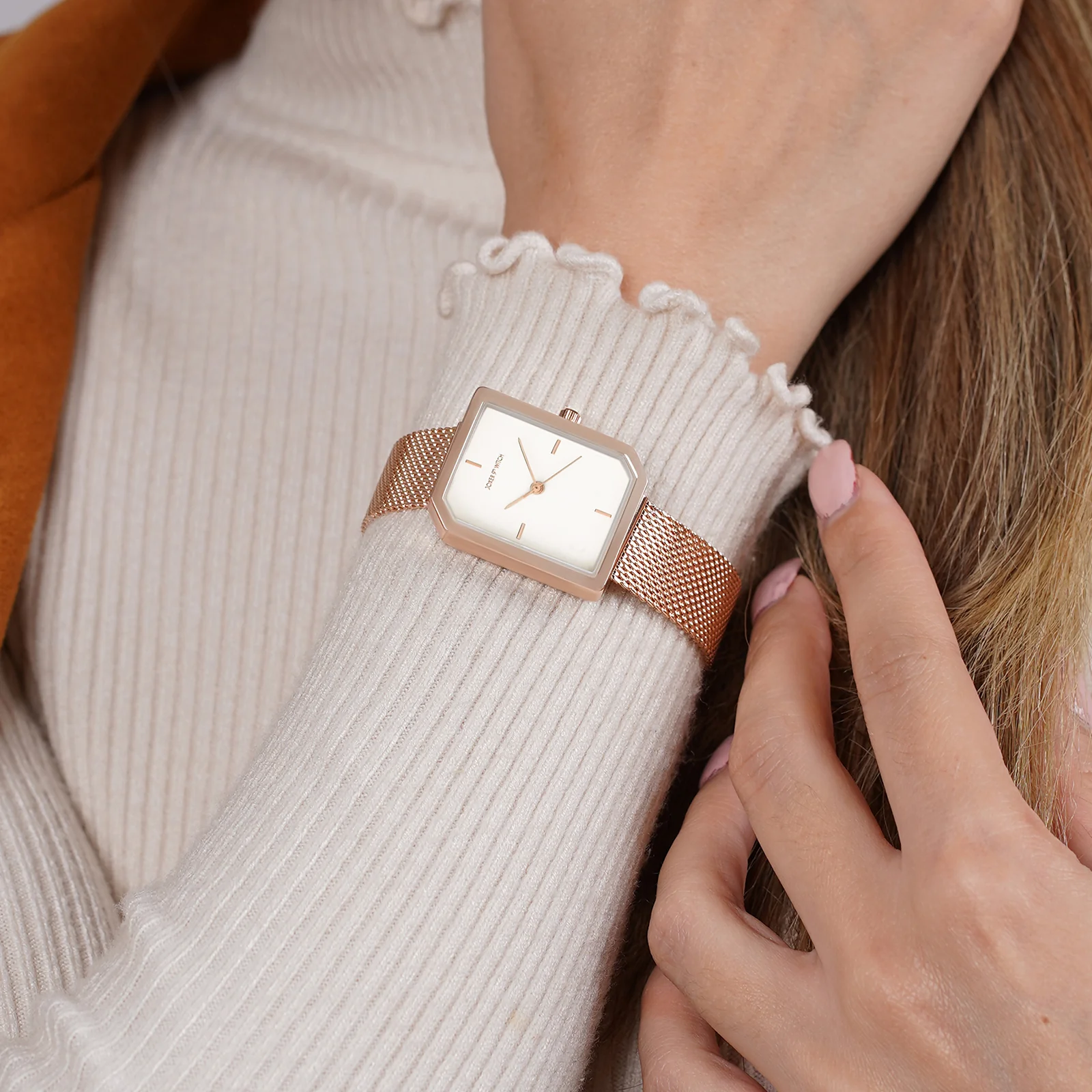 Edge White Small Hexagon Dial Rose Gold Mesh Strap Women's Watch - Image 2