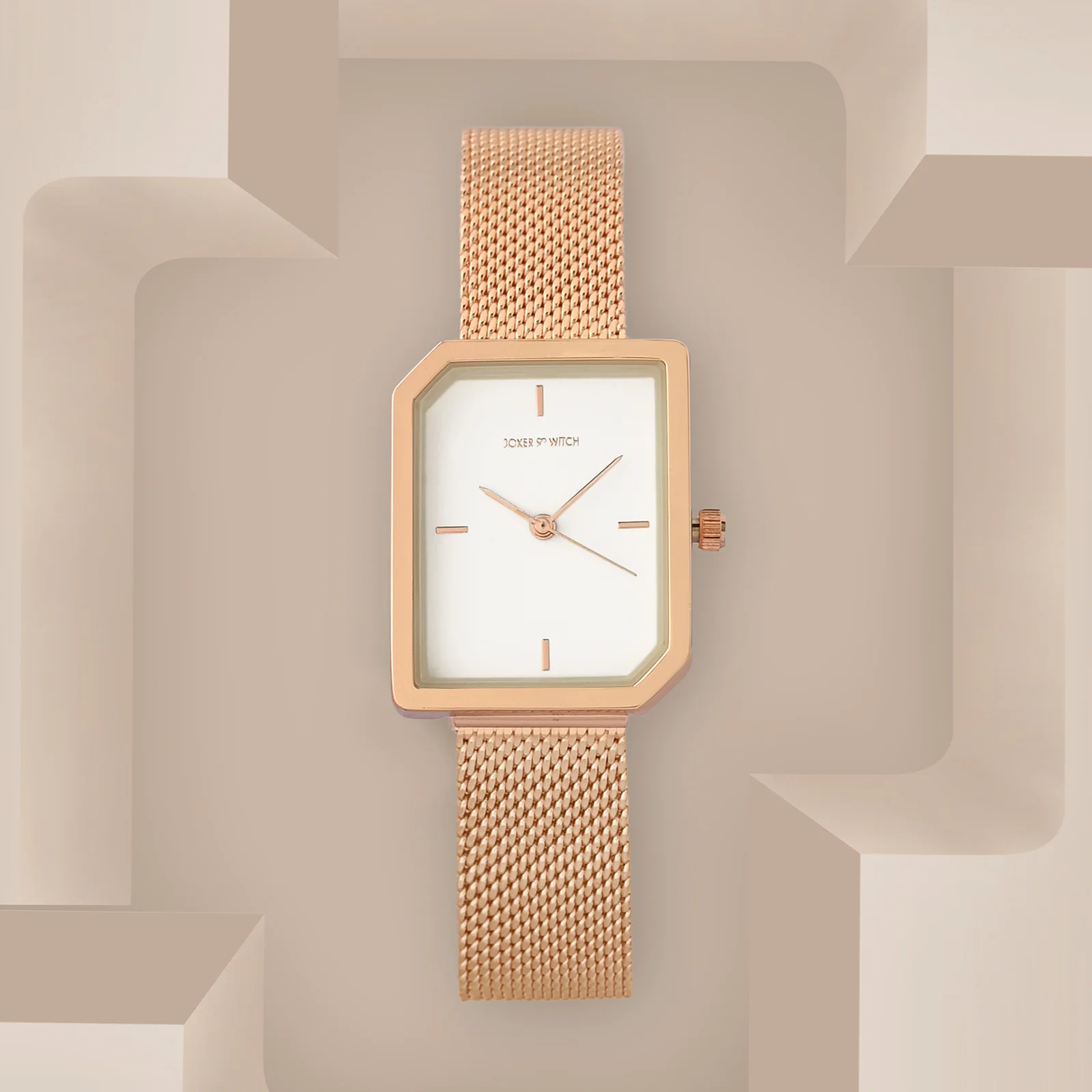Edge White Small Hexagon Dial Rose Gold Mesh Strap Women's Watch - Image 3