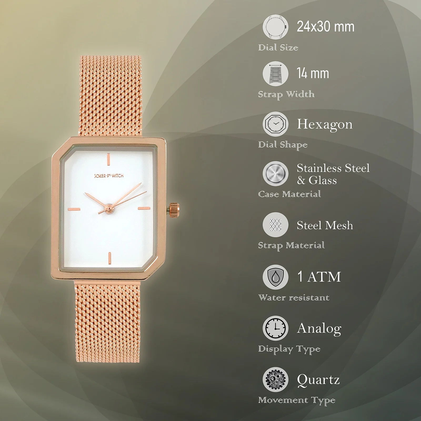 Edge White Small Hexagon Dial Rose Gold Mesh Strap Women's Watch - Image 7