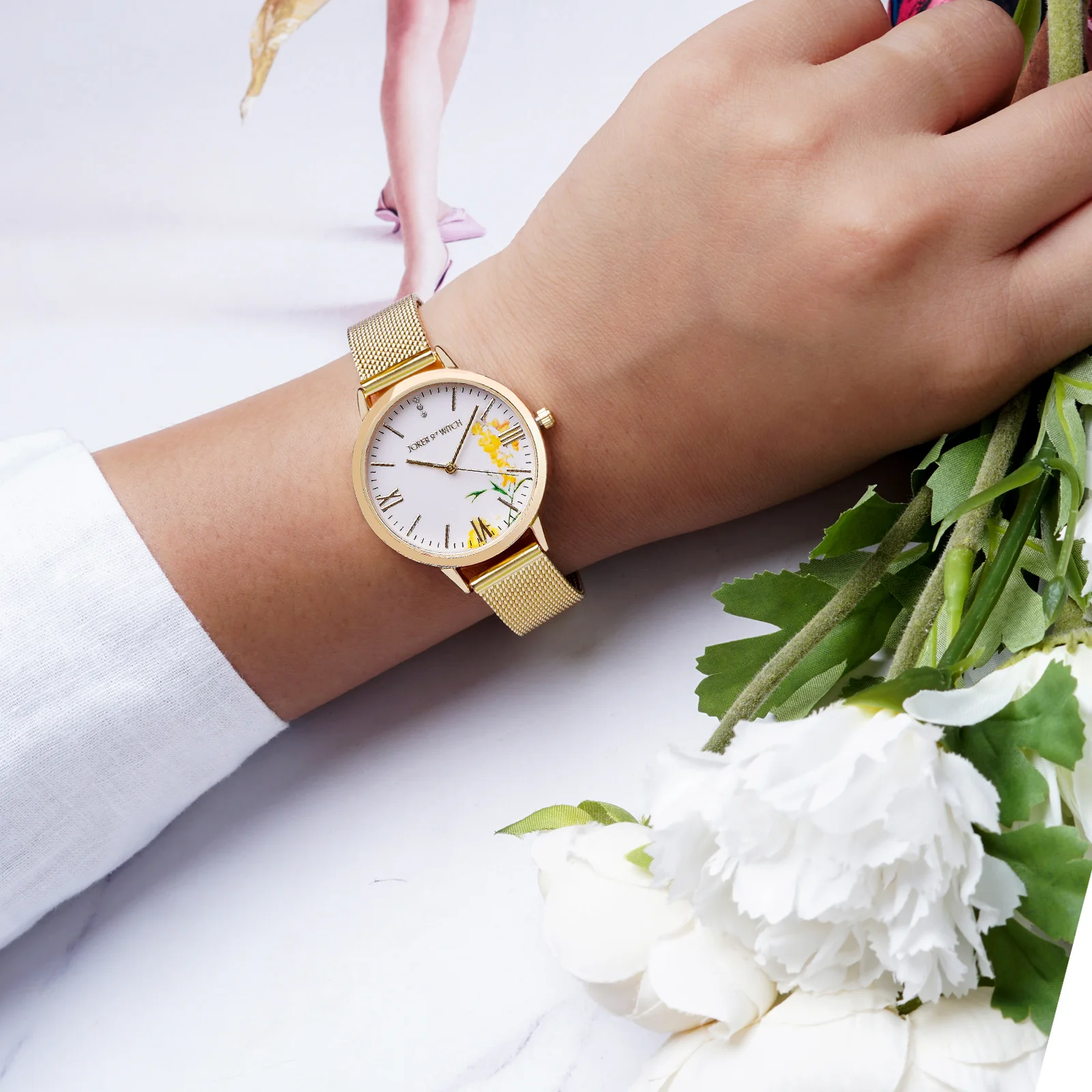 Edna White Medium Dial Gold Mesh Strap Women's Watch - Image 2