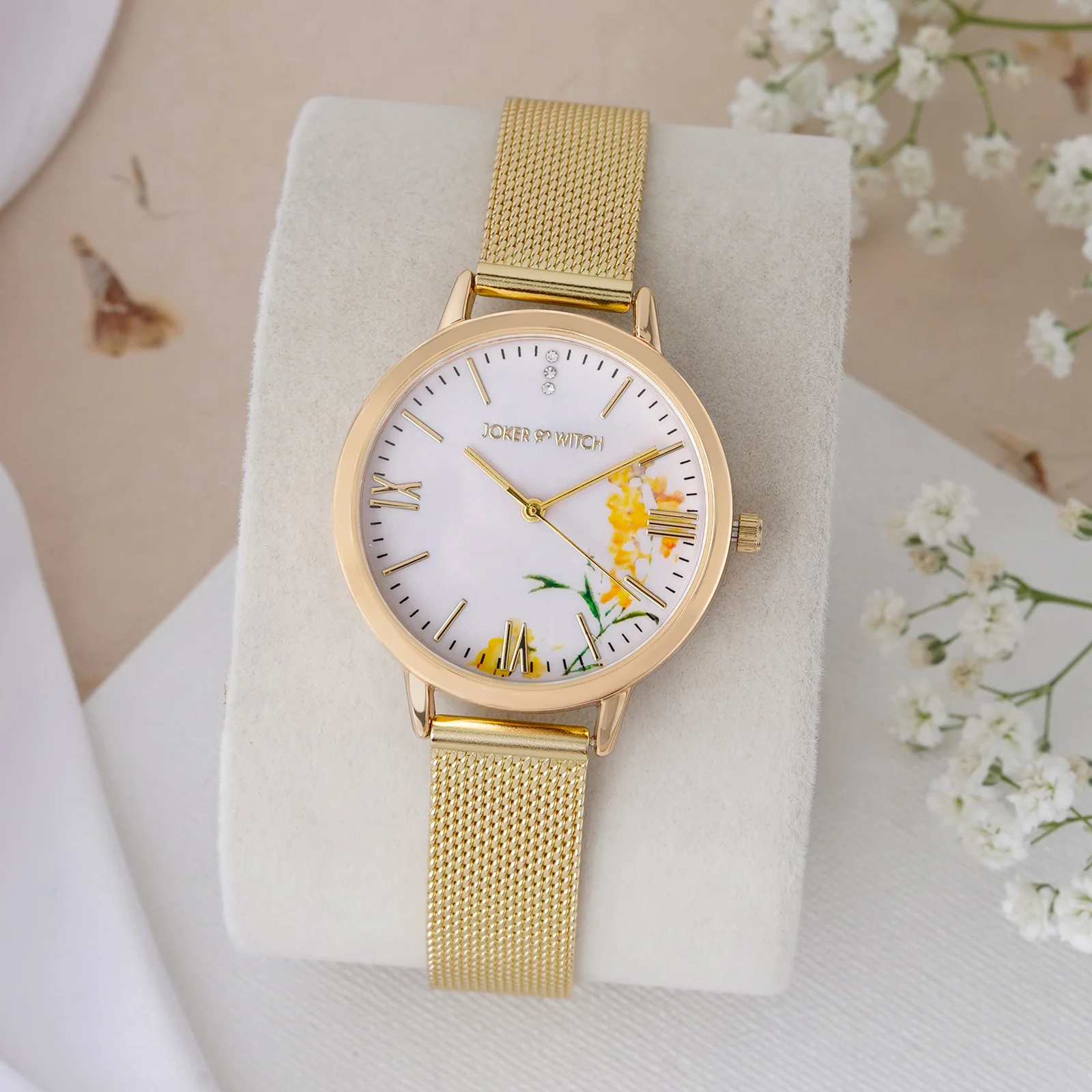 Edna White Medium Dial Gold Mesh Strap Women's Watch - Image 3