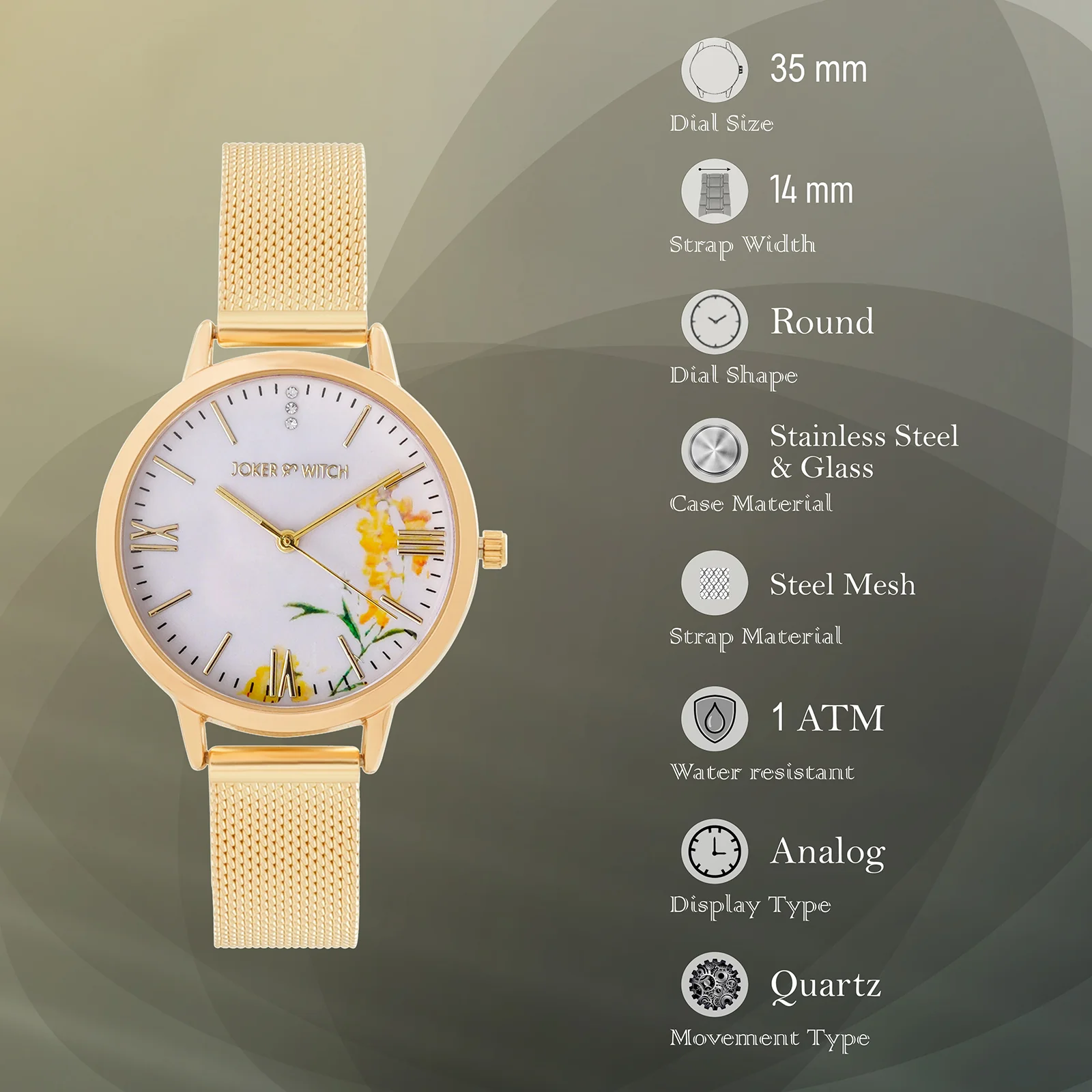 Edna White Medium Dial Gold Mesh Strap Women's Watch - Image 7