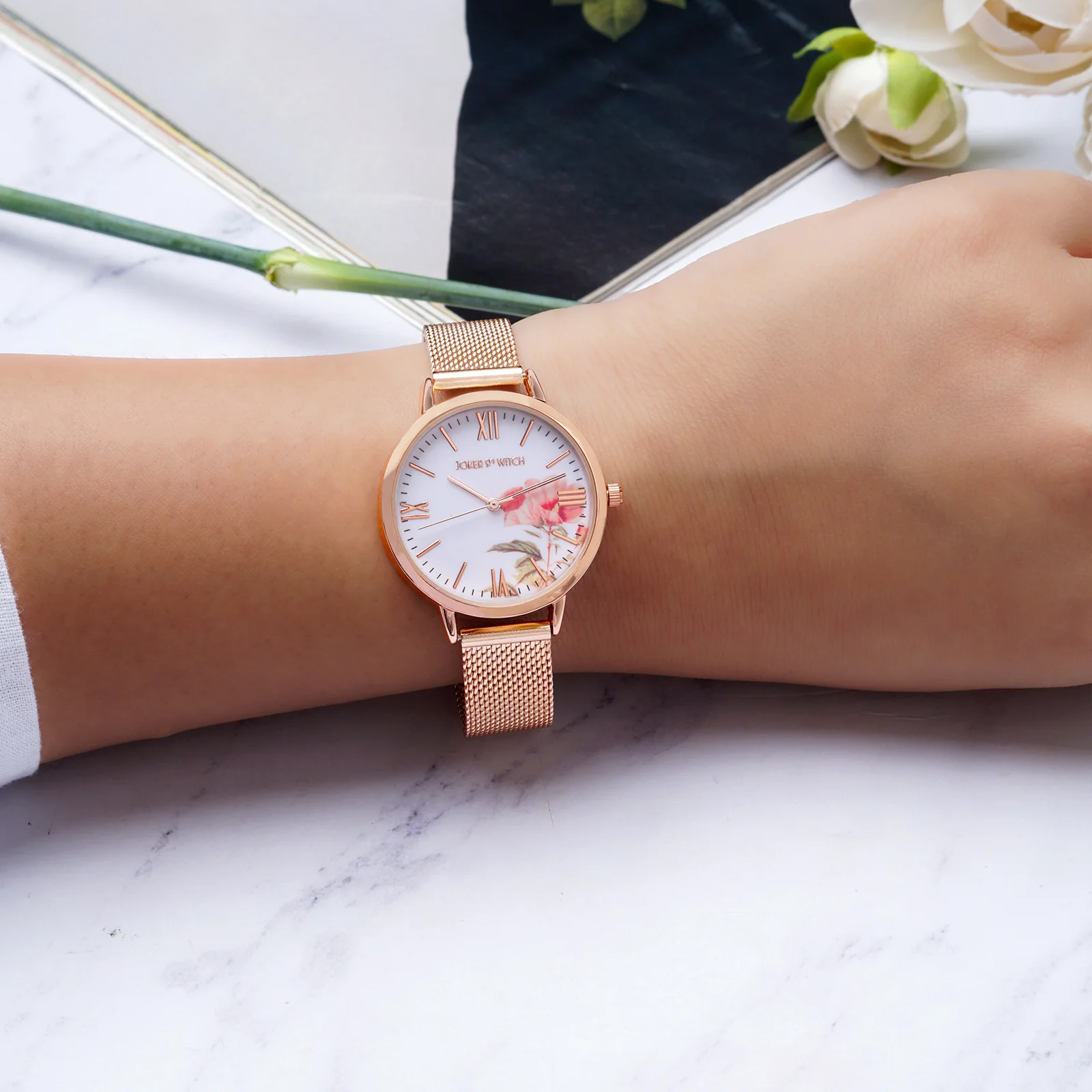 Edna White Medium Dial Rose Gold Mesh Strap Women's Watch - Image 6