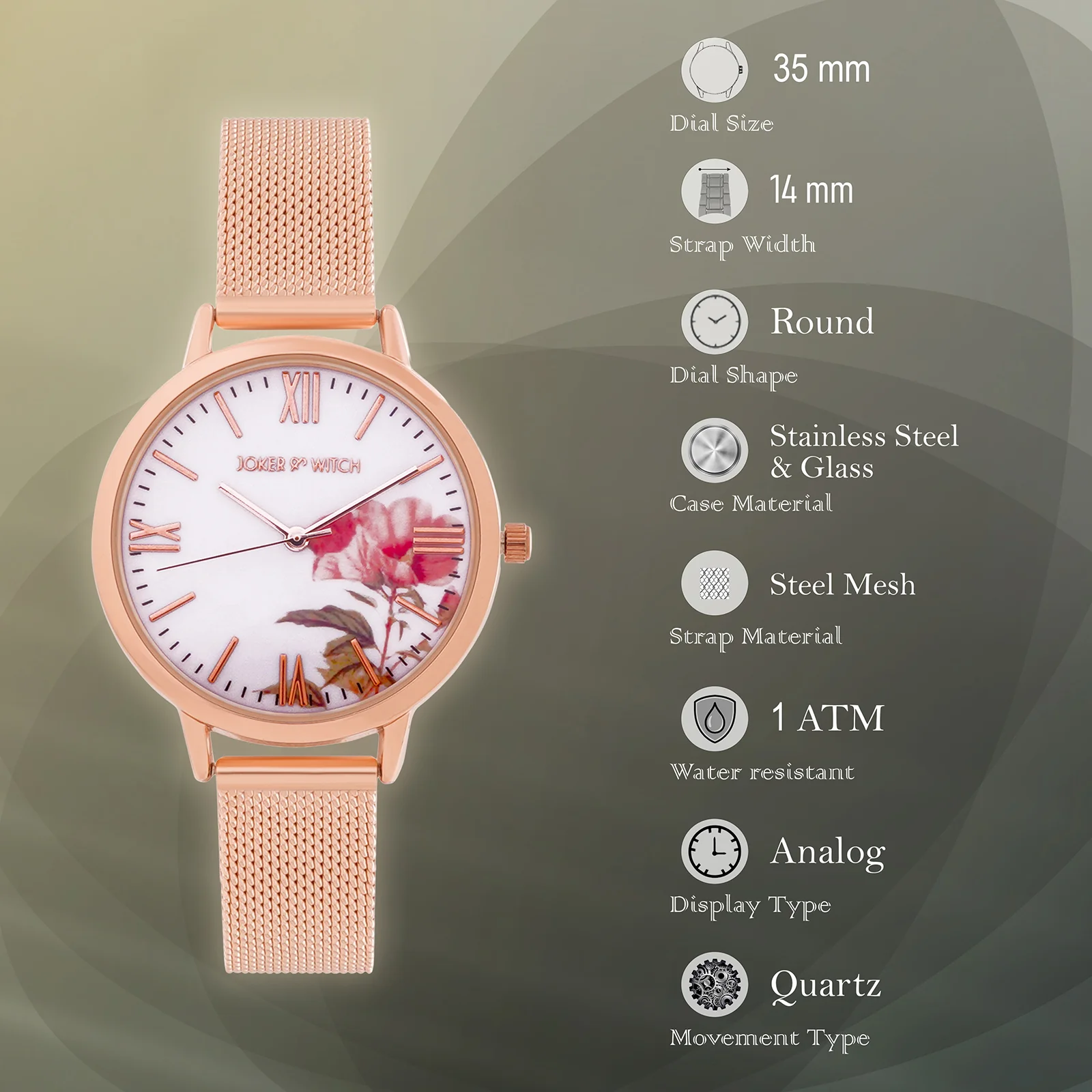 Edna White Medium Dial Rose Gold Mesh Strap Women's Watch - Image 7